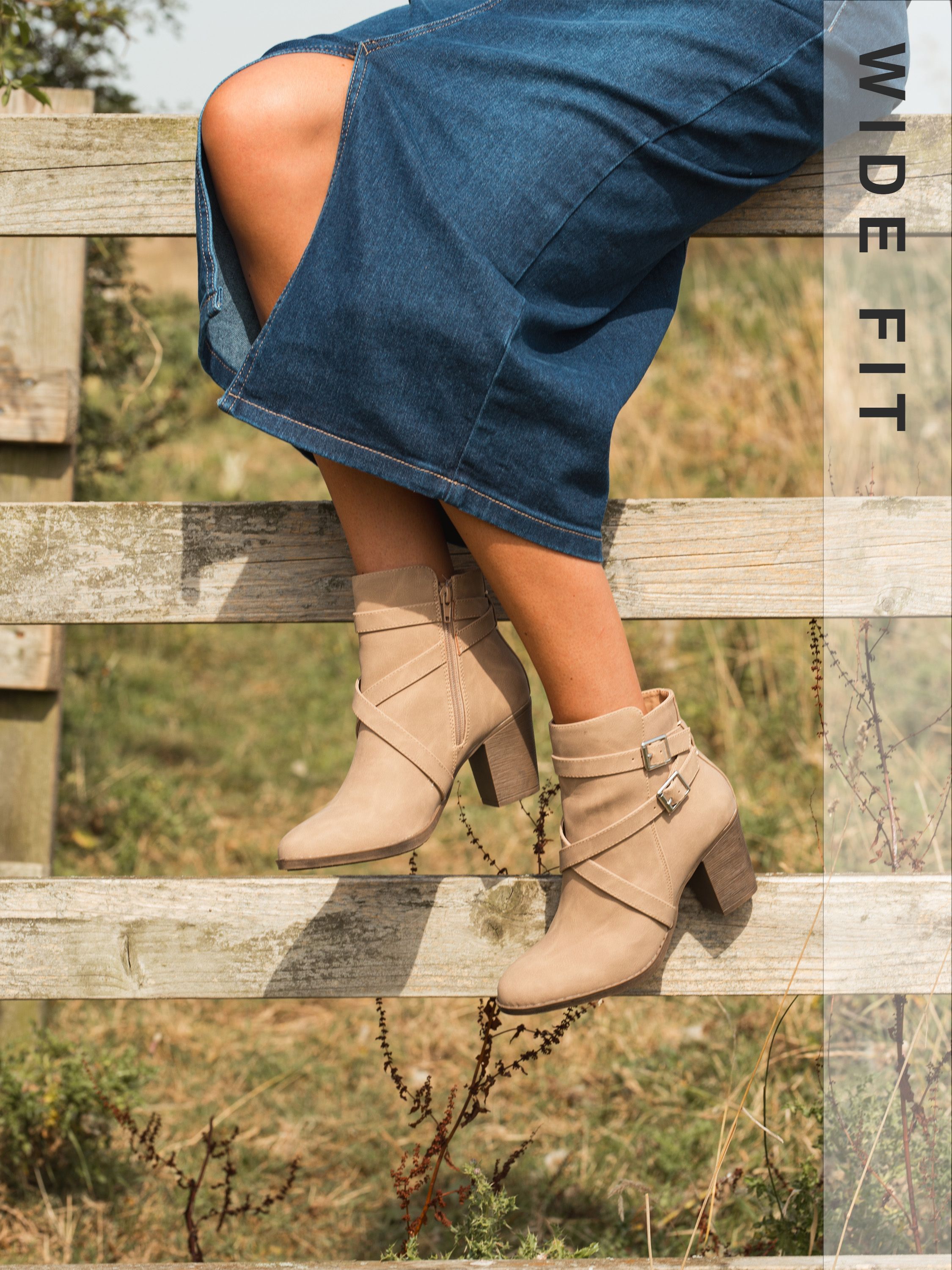 Wide Fit Jorgie Taupe Buckle Mid Heel Ankle Boot