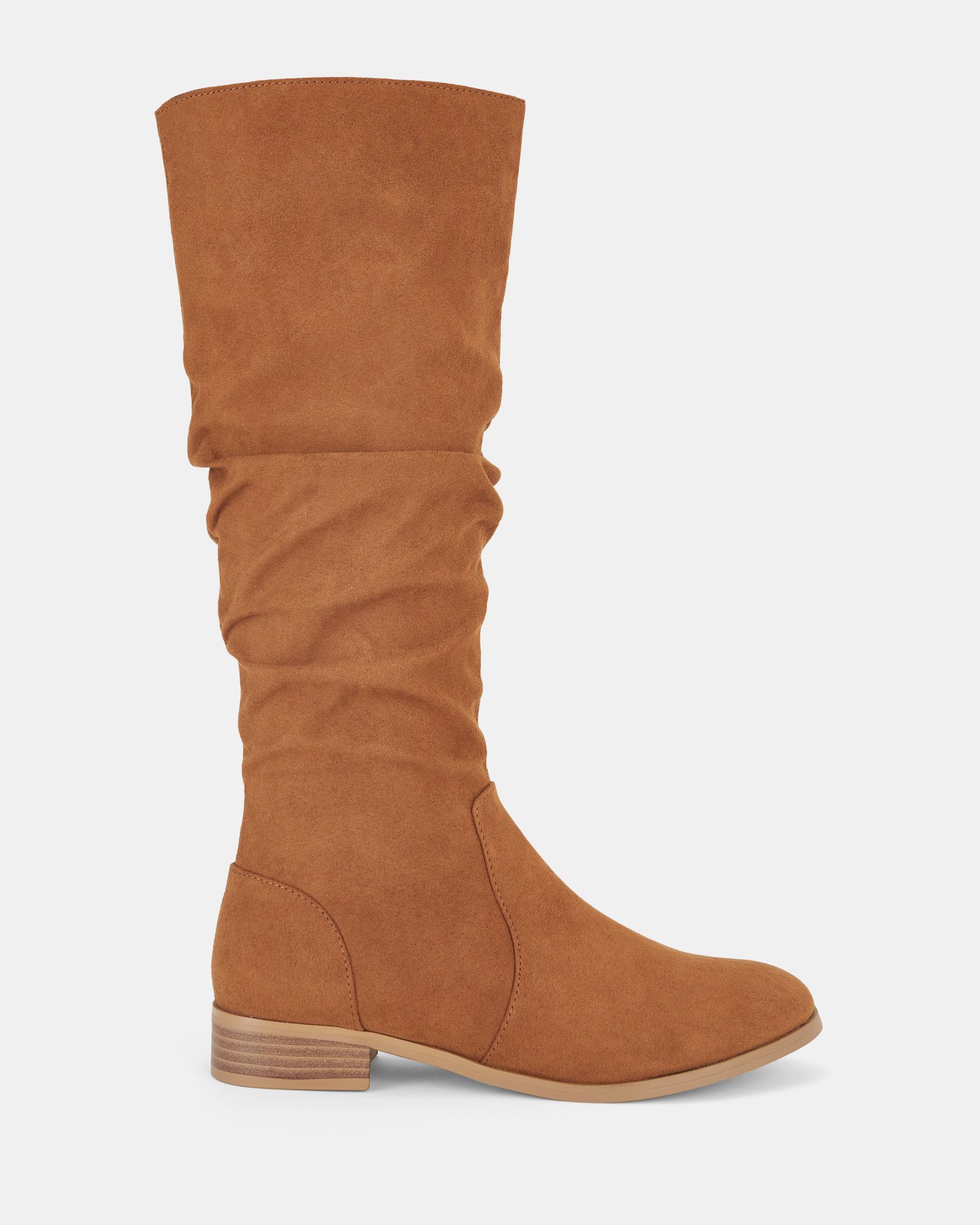 Josslyn Tan Ruched Knee High Flat Boot