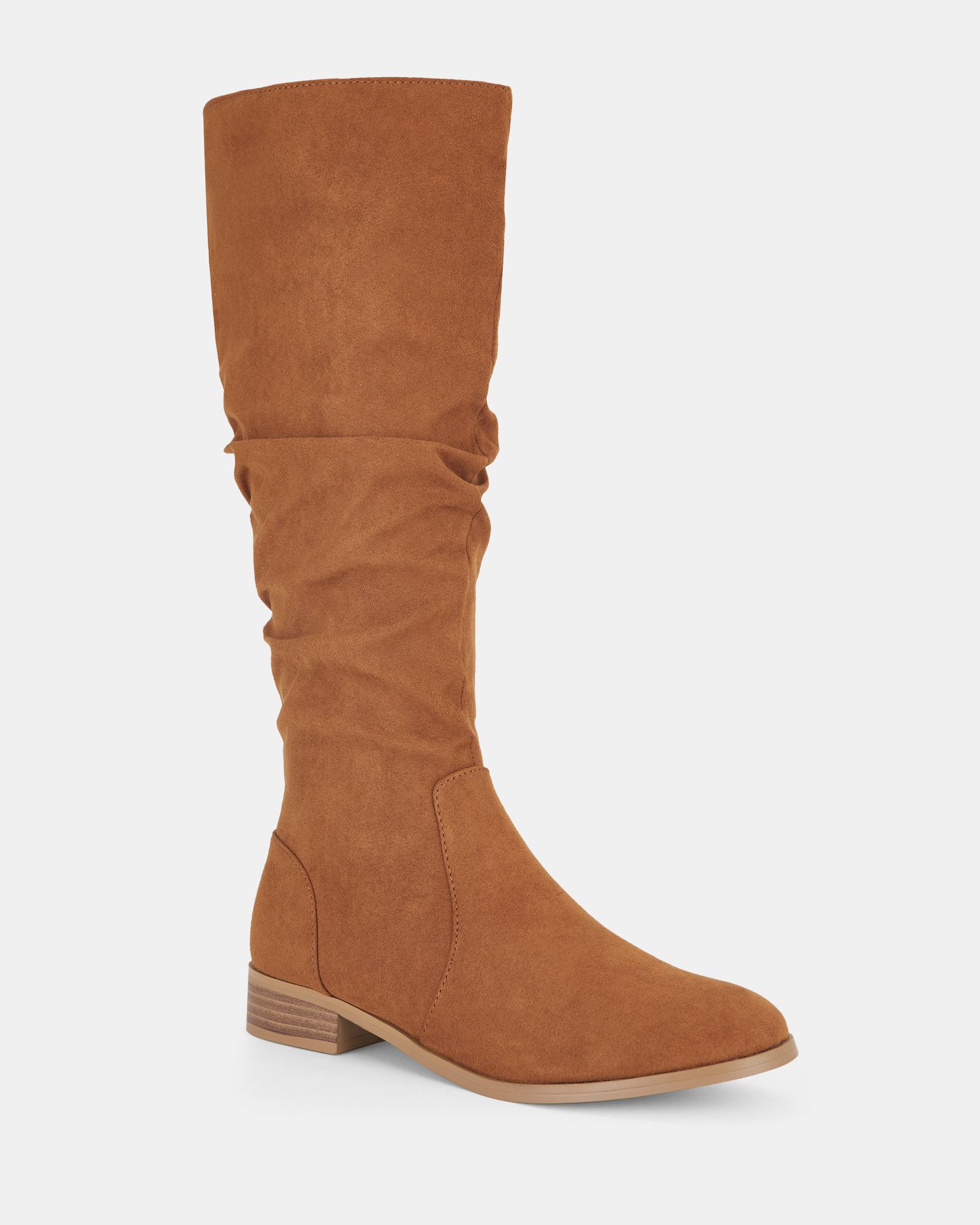Josslyn Tan Ruched Knee High Flat Boot