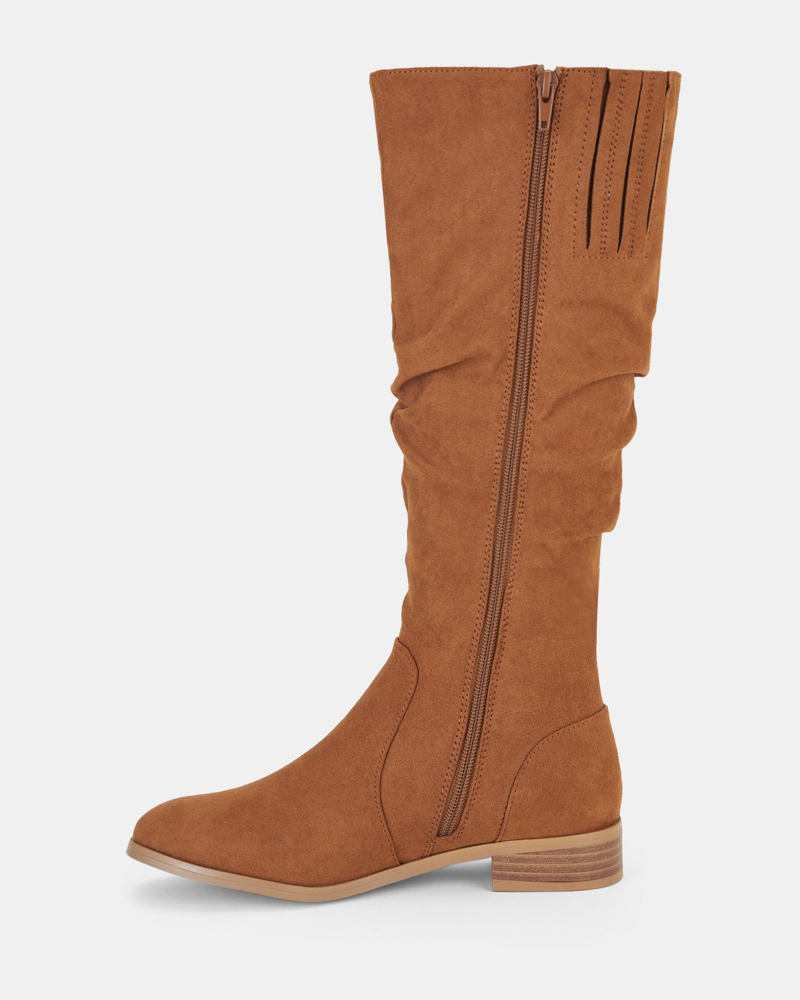 Josslyn Tan Ruched Knee High Flat Boot