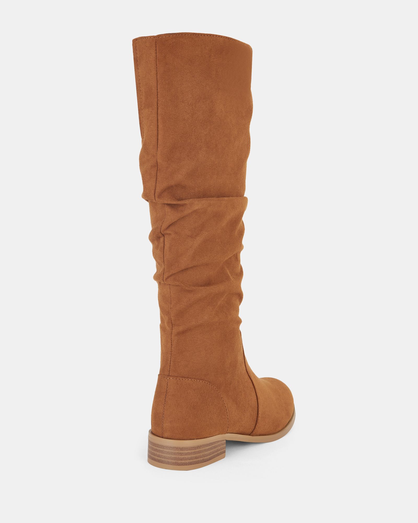 Josslyn Tan Ruched Knee High Flat Boot