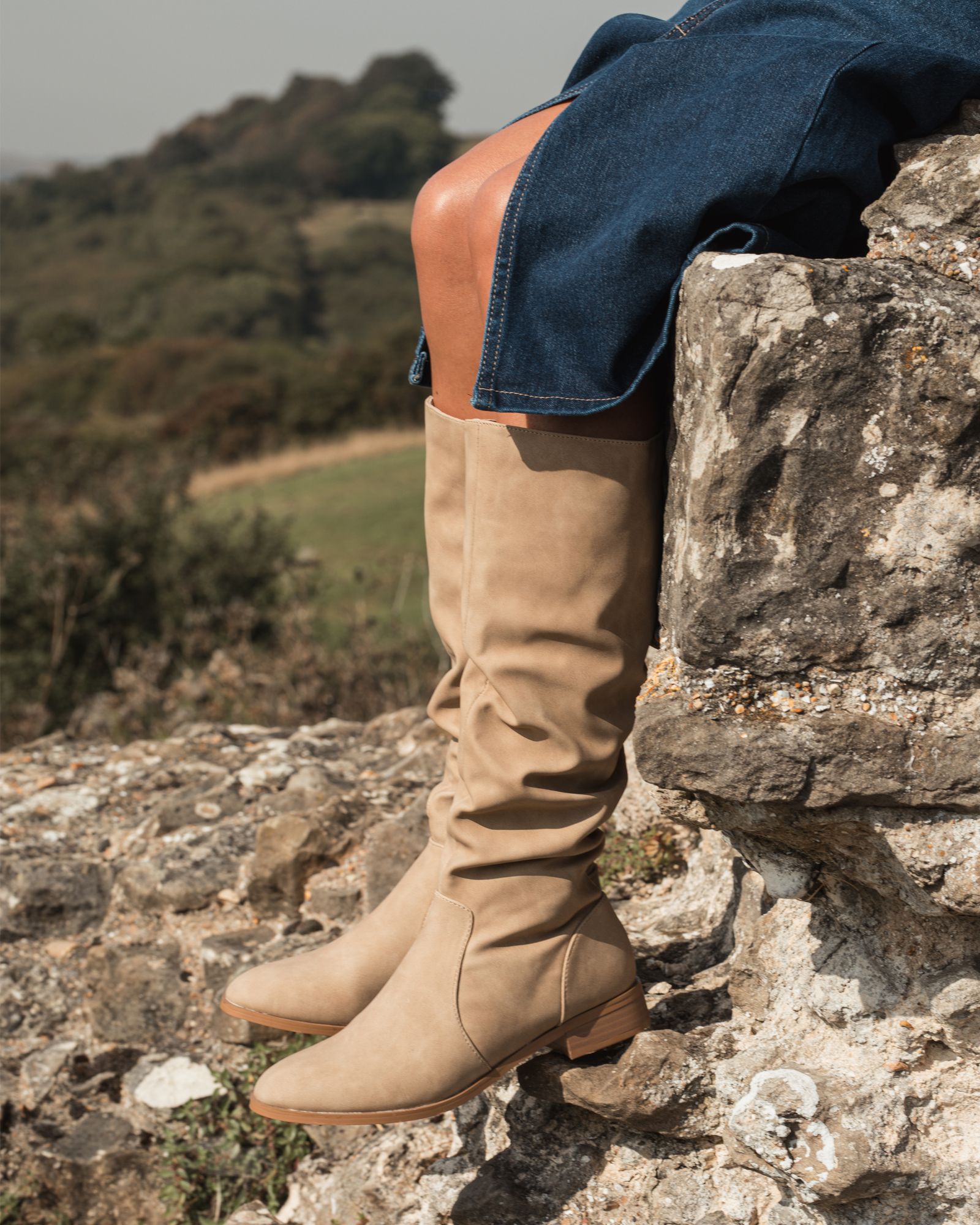 Josslyn Taupe Ruched Knee High Flat Boot