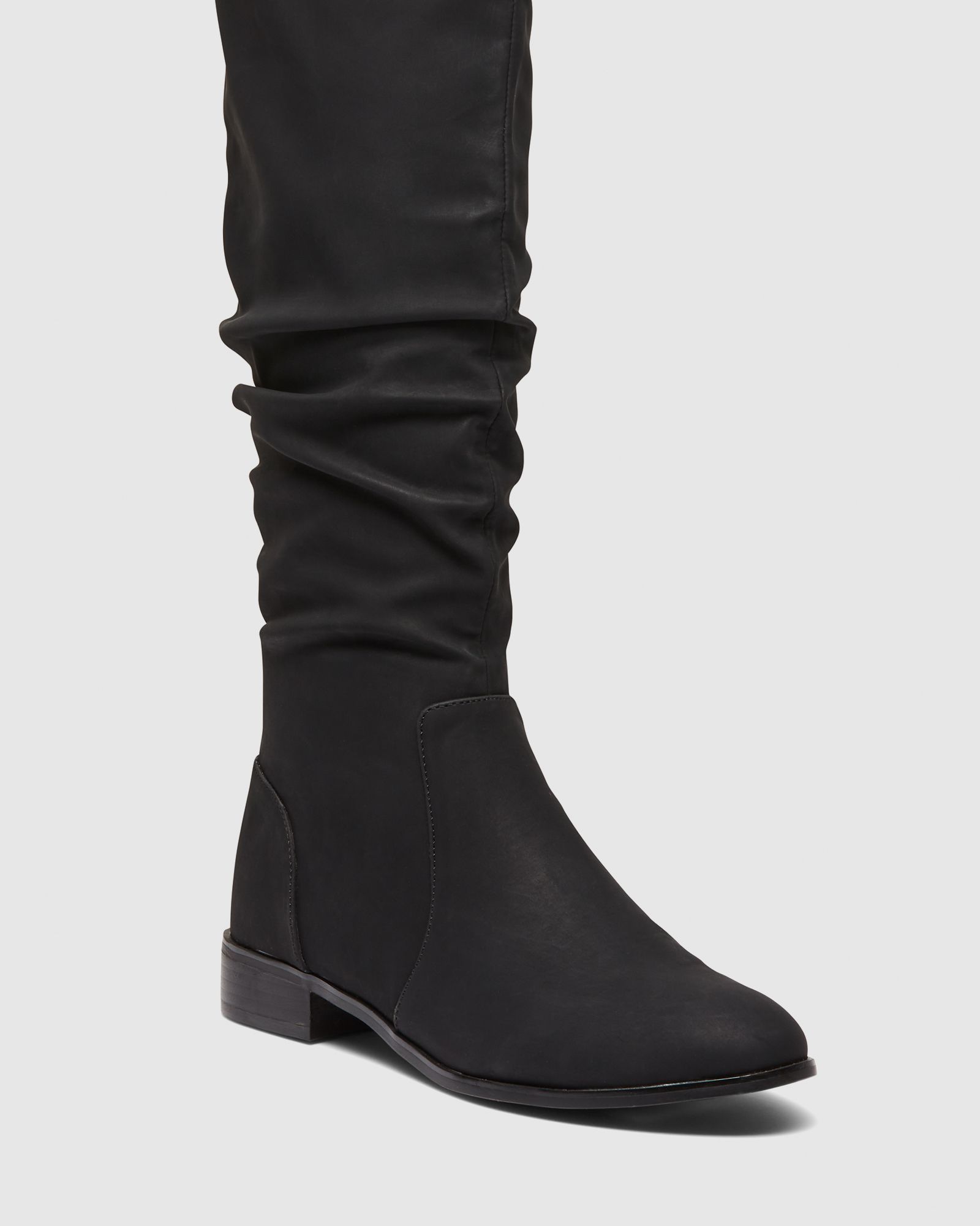 Josslyn Black Ruched Knee High Flat Boot