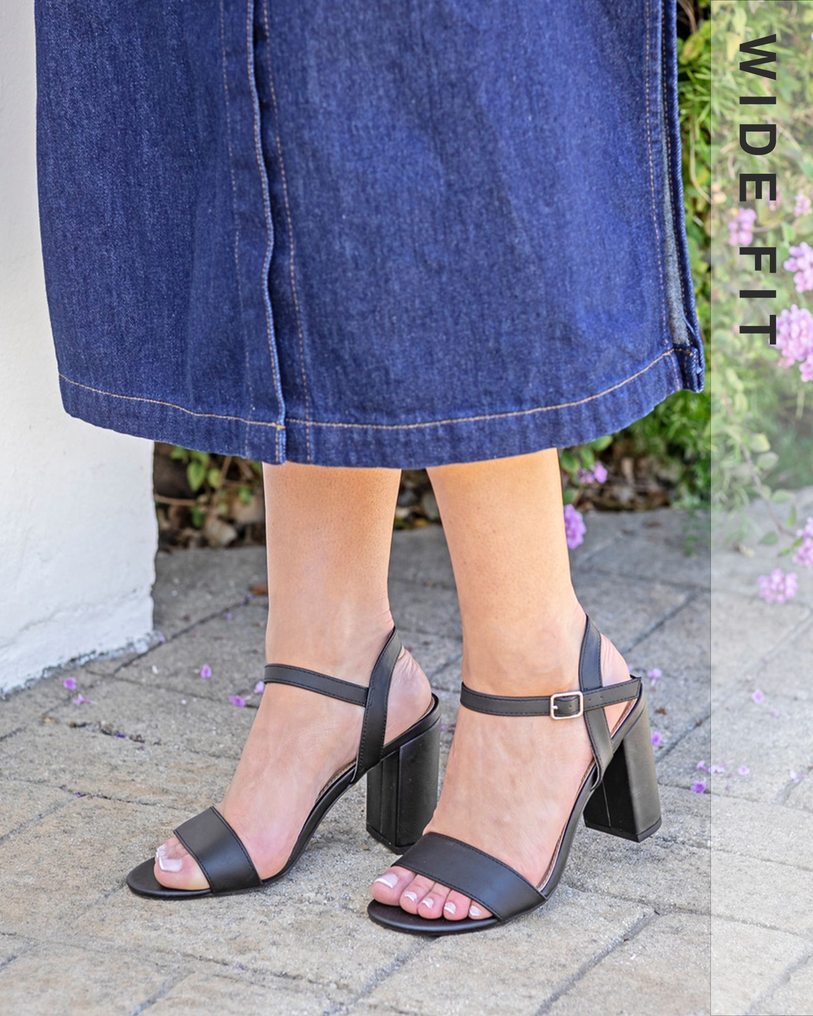 Wide Fit Mills Black Block Heel Sandal