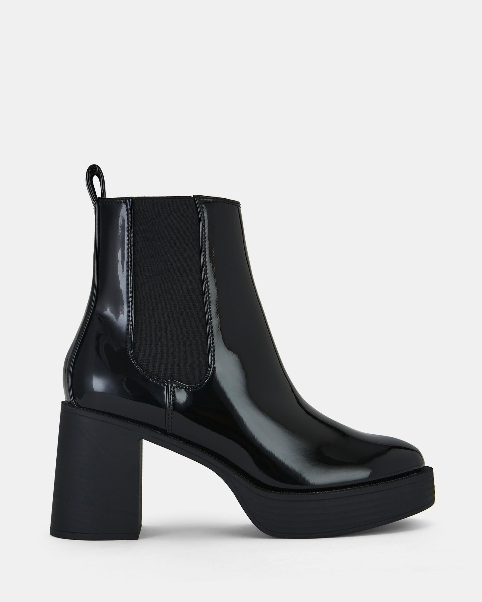Block Heel Black Patent Chunky Chelsea Flat Ankle Boots Block Heel