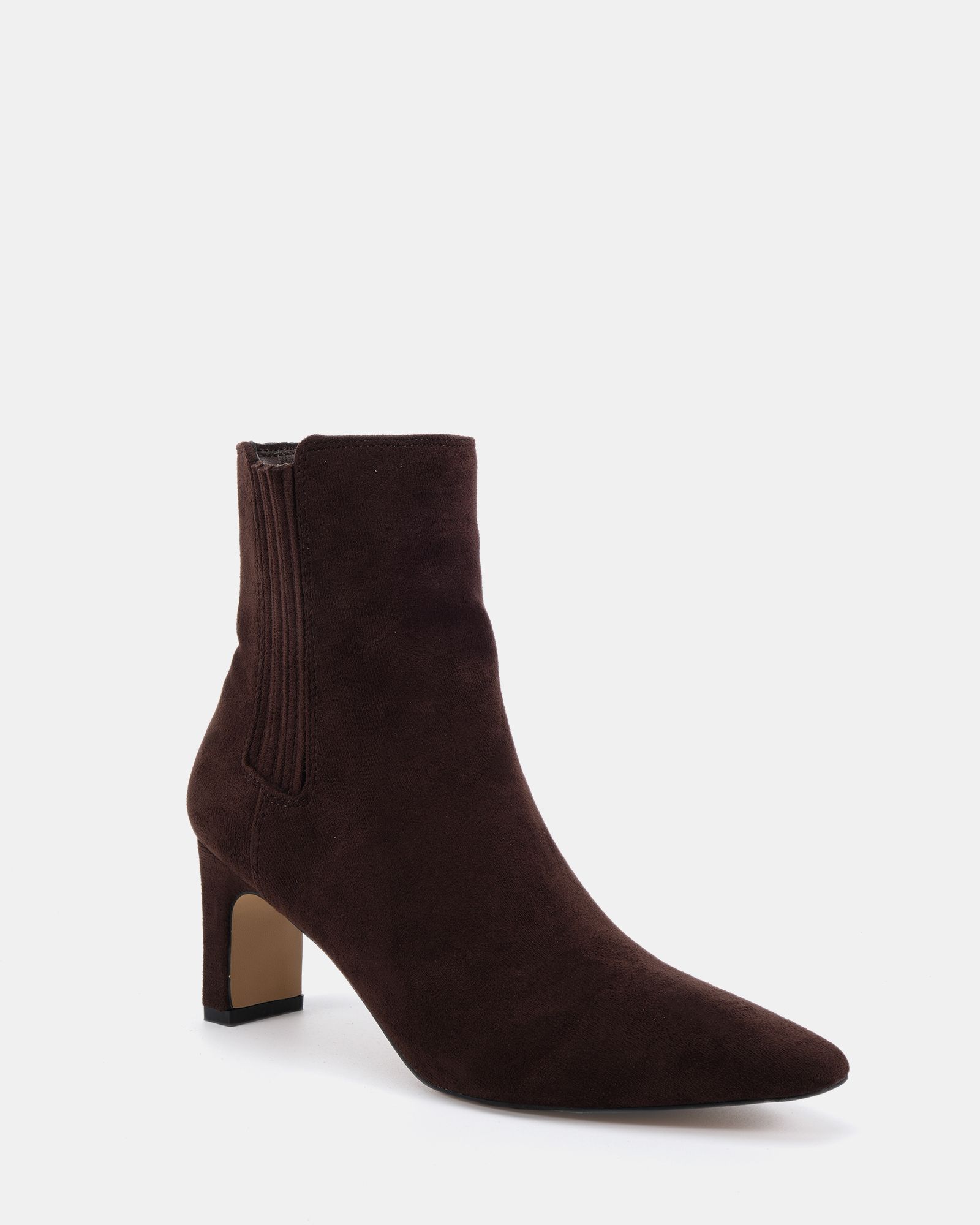 KARA Brown Low Slim Block Heel Square Point Chelsea Ankle Boo