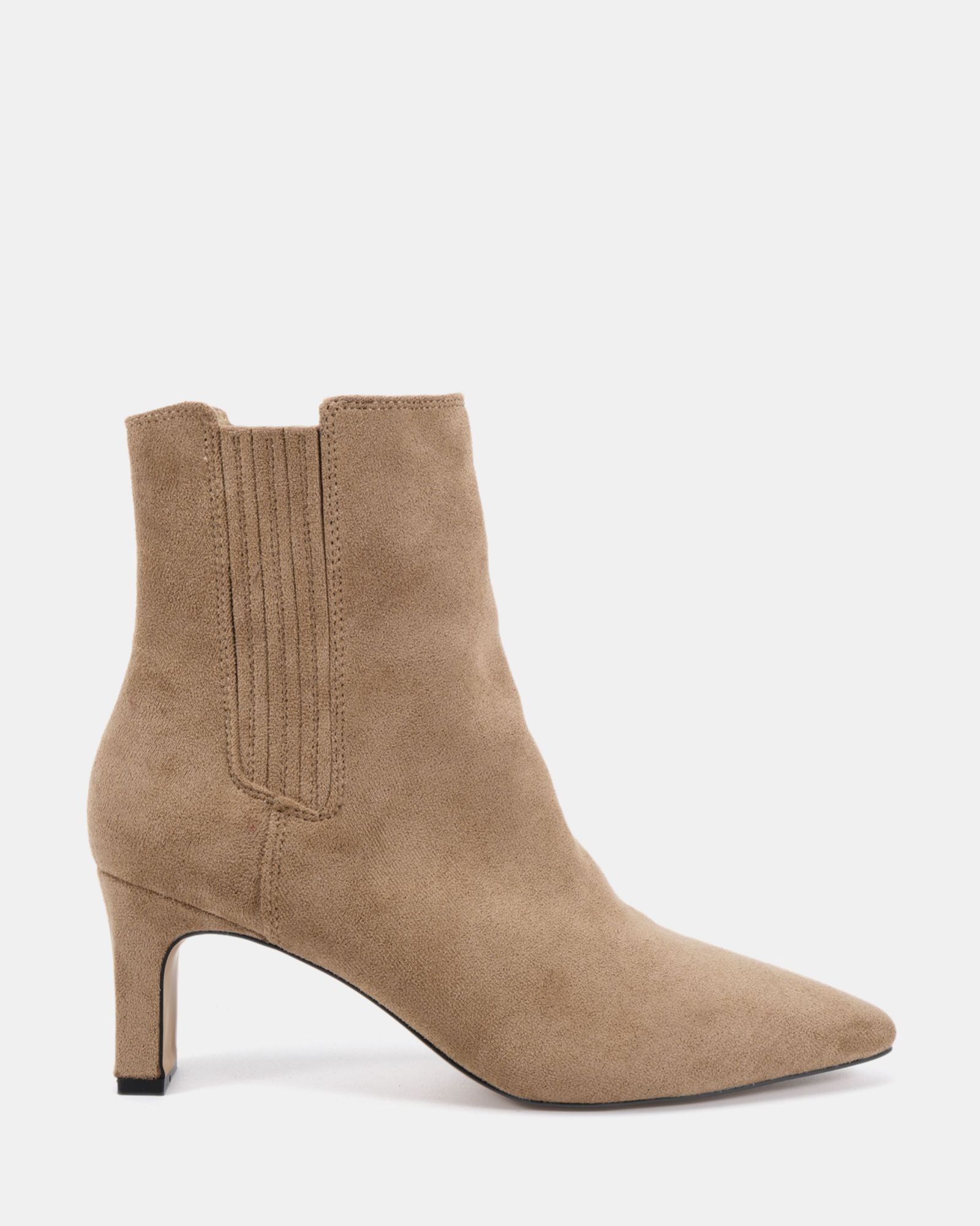 KARA Taupe Low Slim Block Heel Square Point Chelsea Ankle Boo