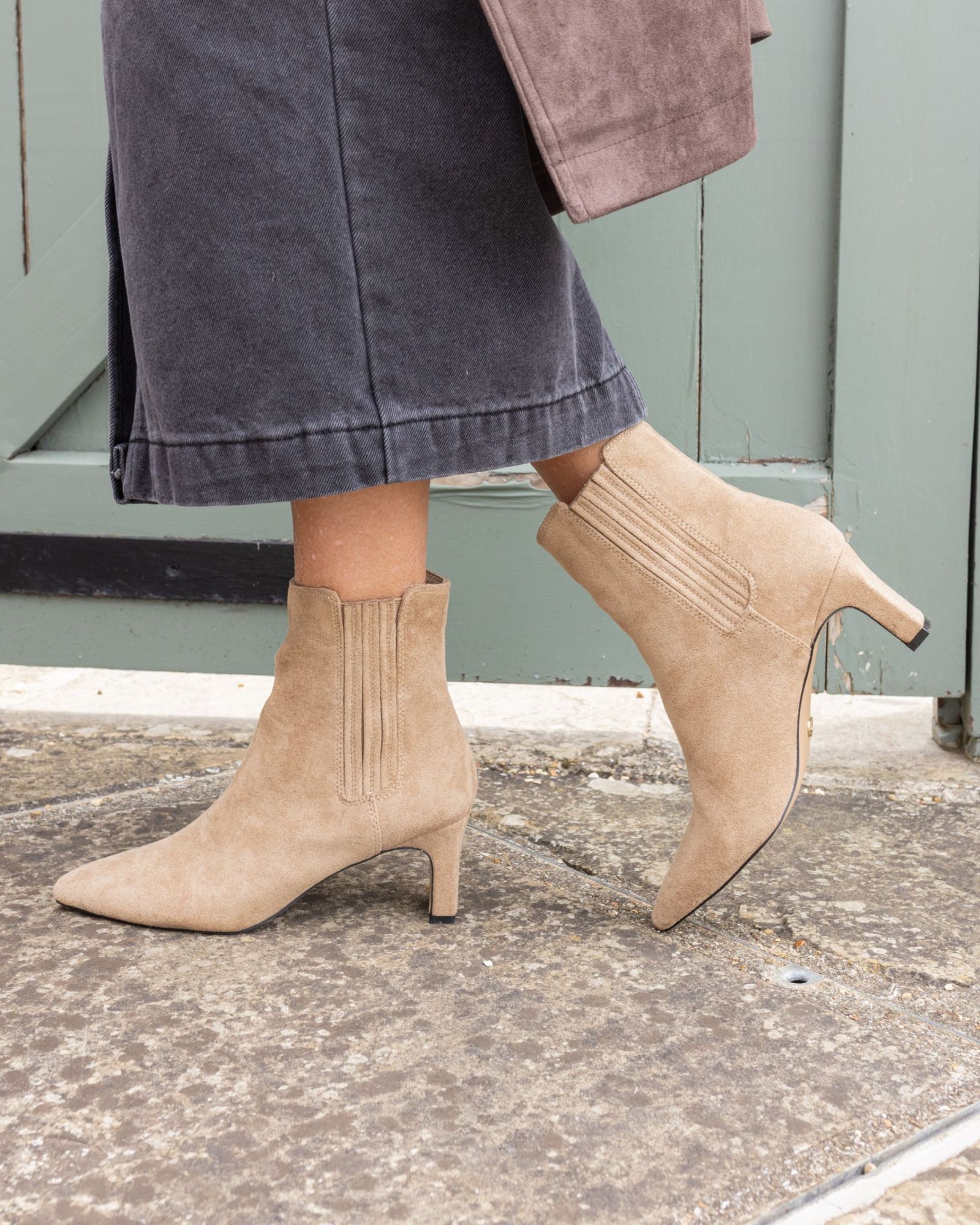 KARA Taupe Low Slim Block Heel Square Point Chelsea Ankle Boo