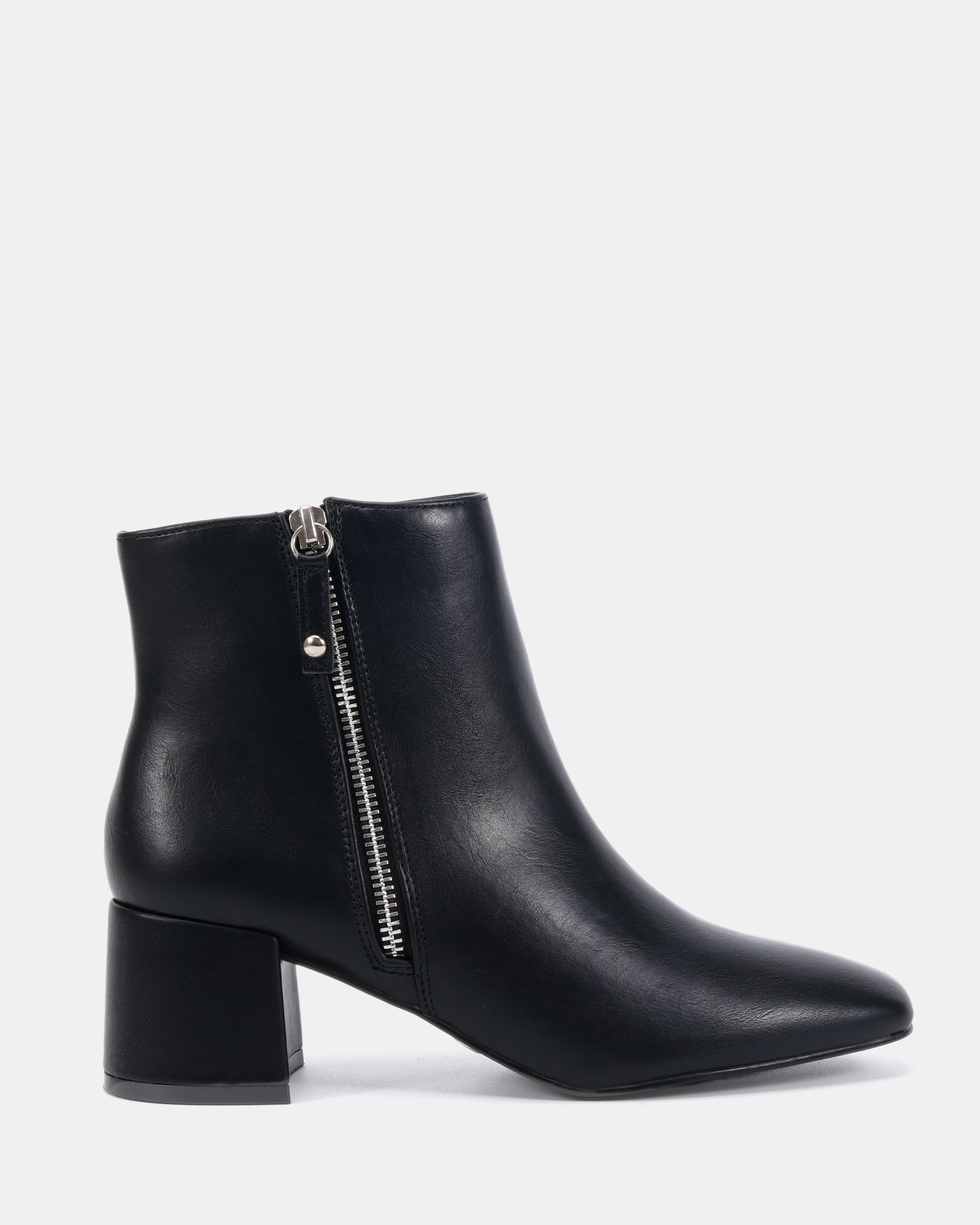 WIDE FIT KATE Black Zip Side Square Toe Block Heel Ankle Boot