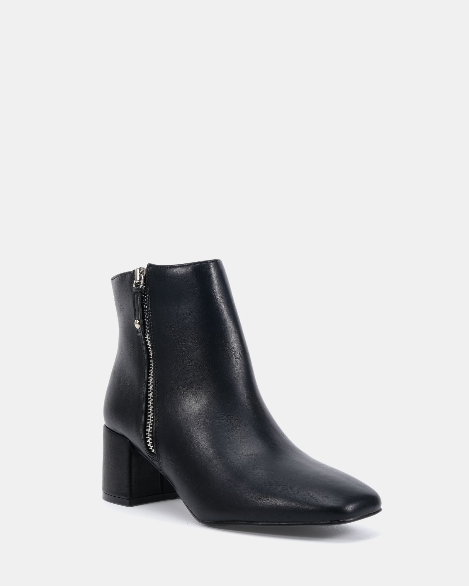 WIDE FIT KATE Black Zip Side Square Toe Block Heel Ankle Boot