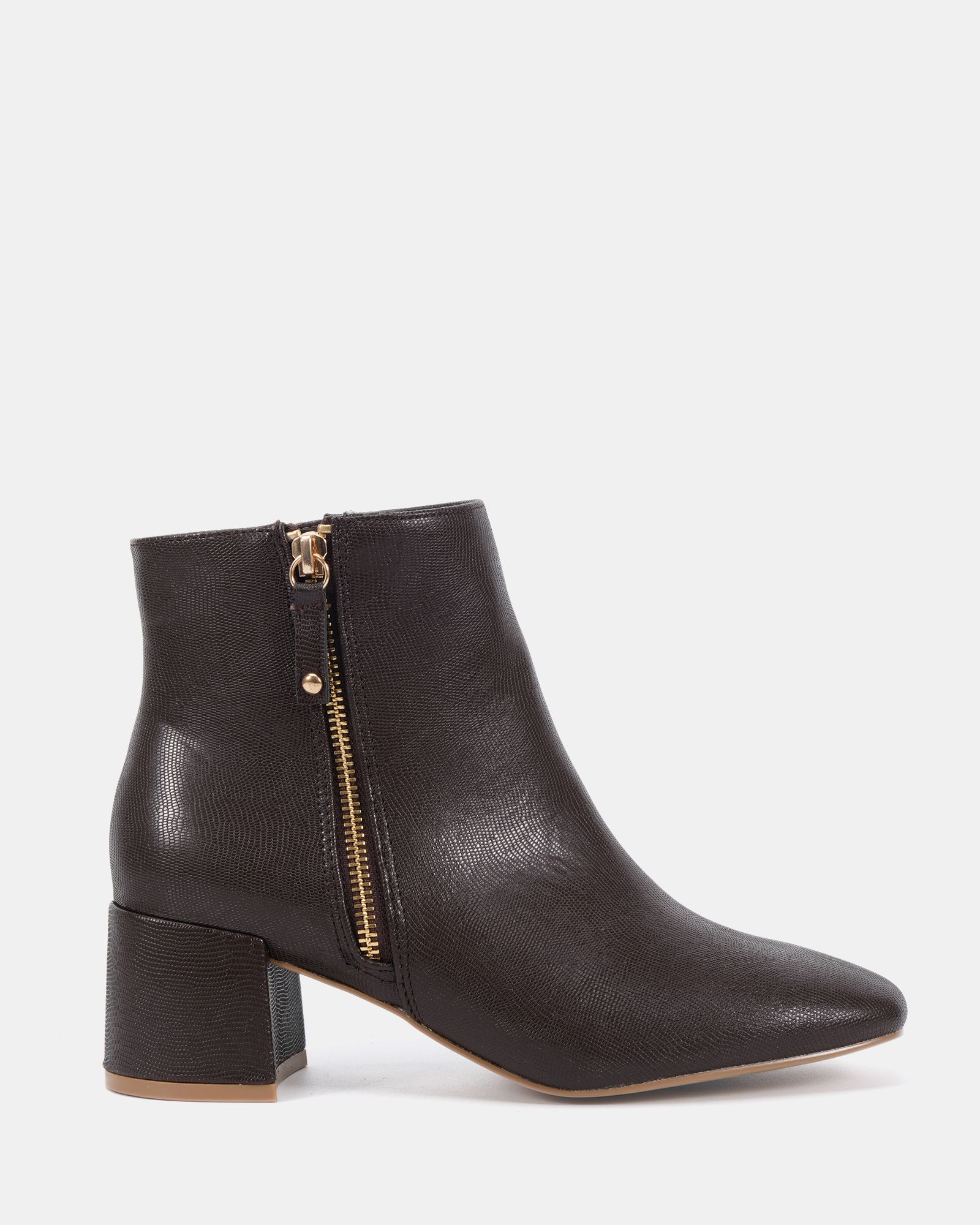 KATE Brown Zip Side Square Toe Block Heel Ankle Boot