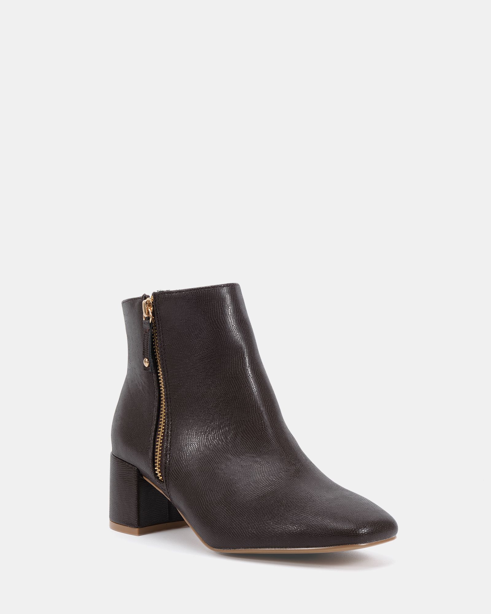 WIDE FIT KATE Brown Zip Side Square Toe Block Heel Ankle Boot