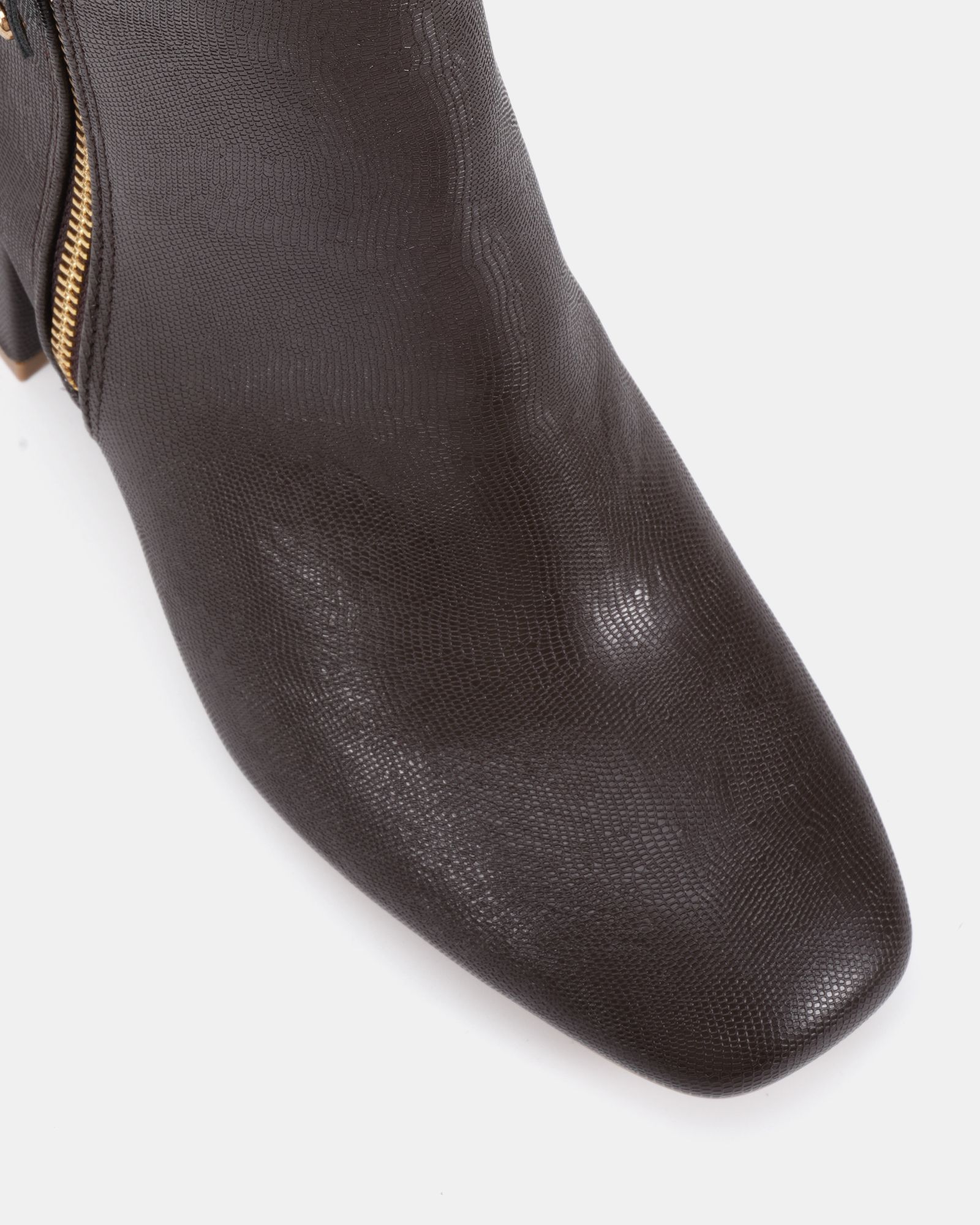 WIDE FIT KATE Brown Zip Side Square Toe Block Heel Ankle Boot