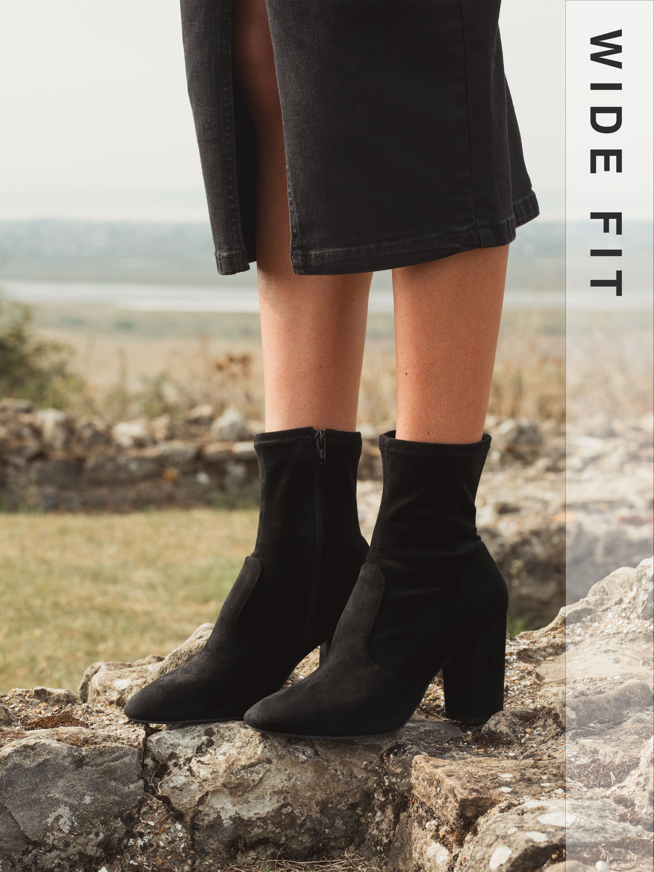 Kellan Black Wide Fit Block Heel Sock Ankle Boot