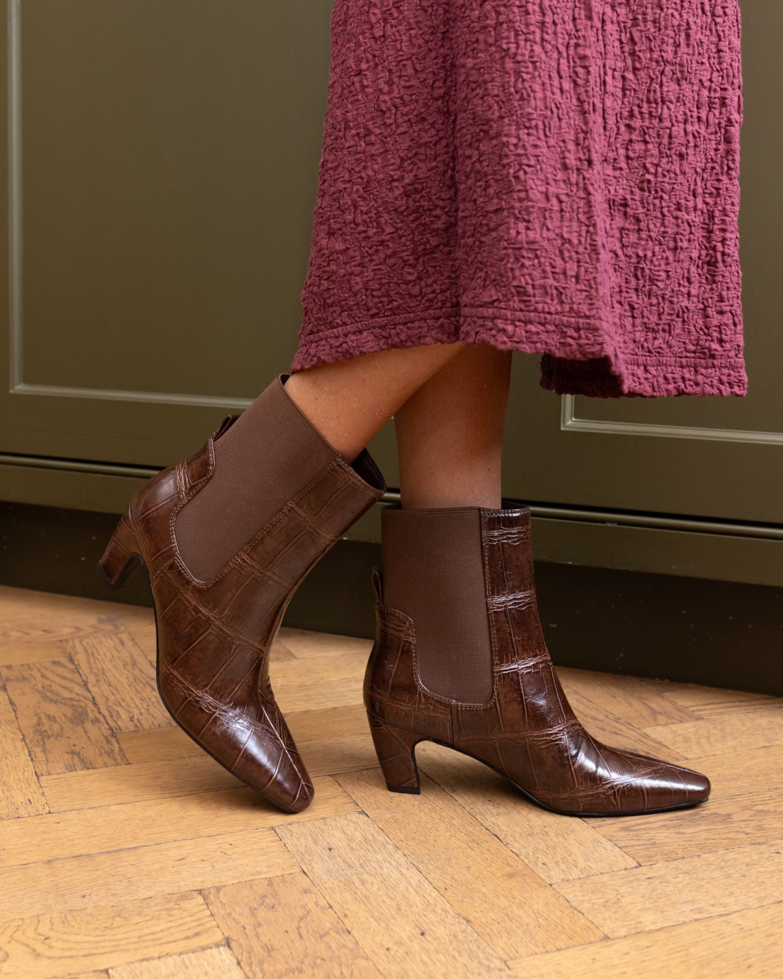 KENNEDY Brown Curved Mid Heel Chelsea Ankle Boot