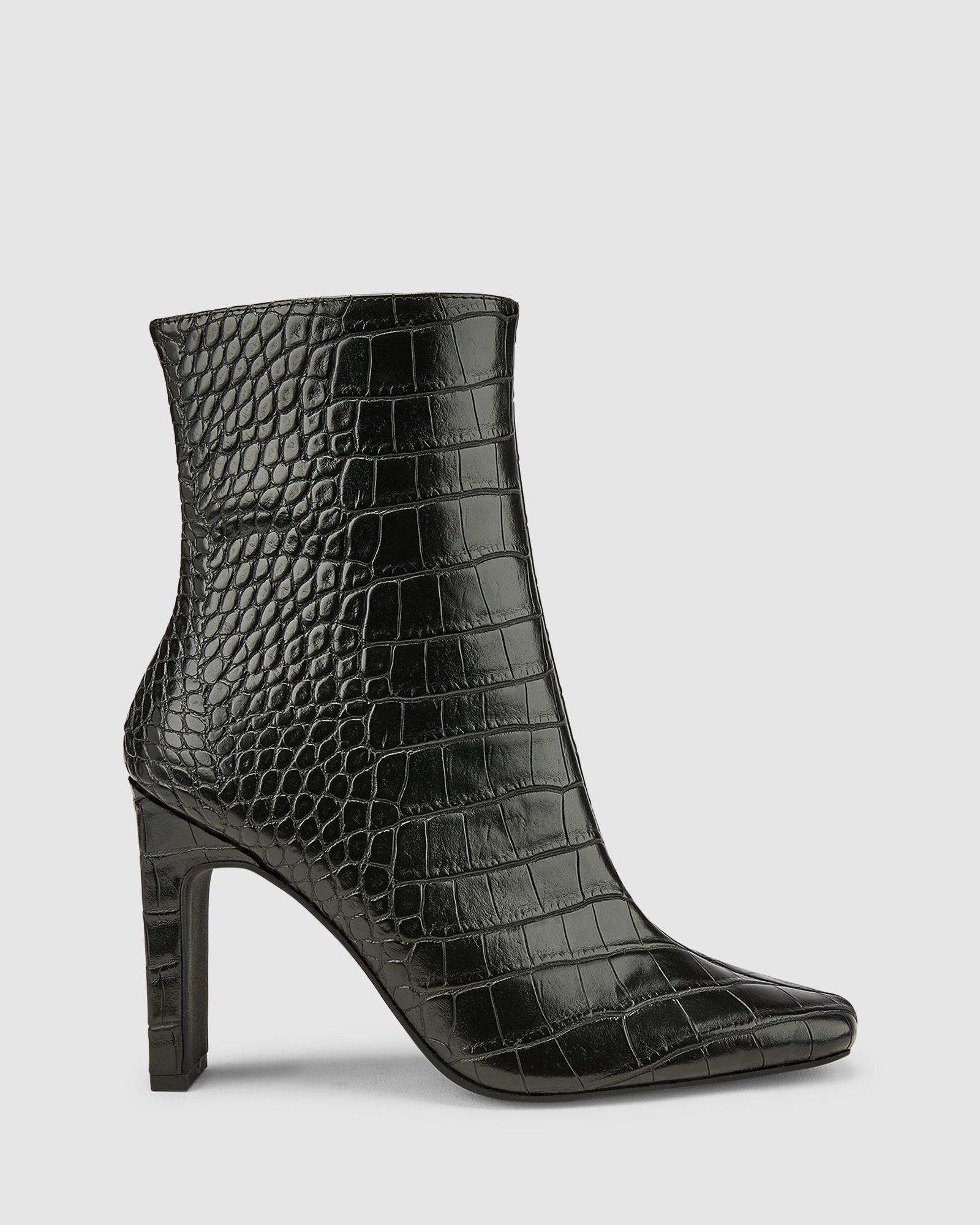 Kochi Black Slim Block Heel Square Toe Ankle Boot