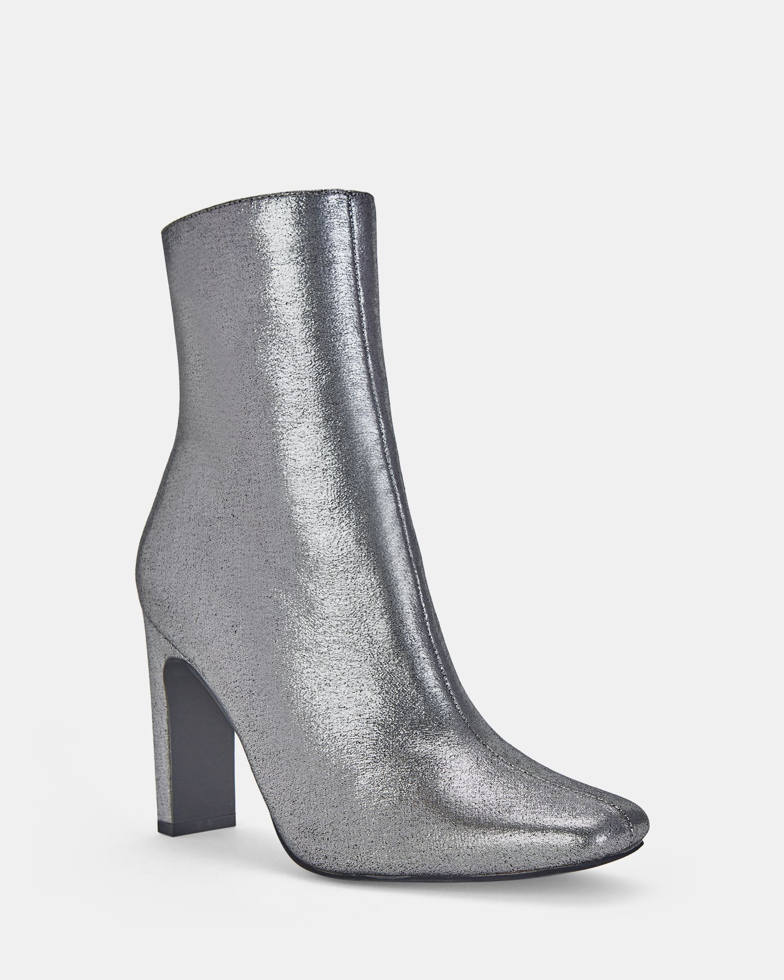 Kochi Silver Slim Block Heel Square Toe Ankle Boot