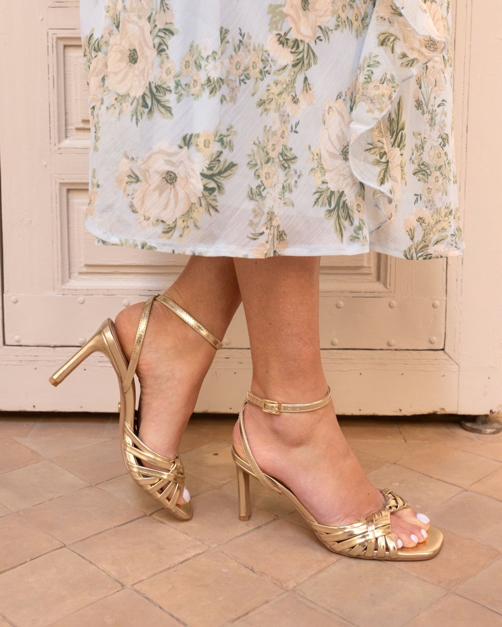 Lily Gold Strappy Two Part Mid Heel Sandal
