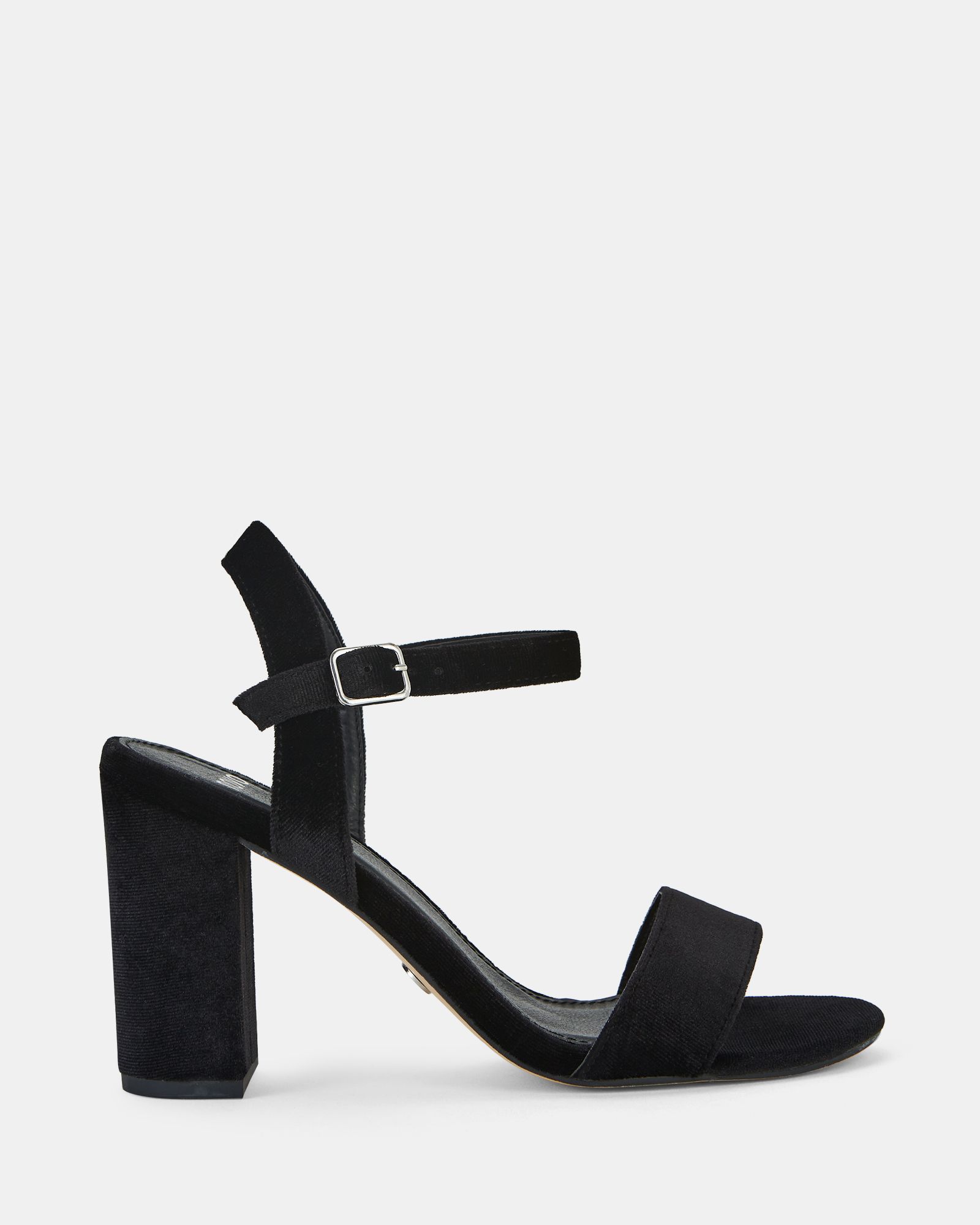 Wide Fit Mills Black Velvet Block Heel Two Part Sandal