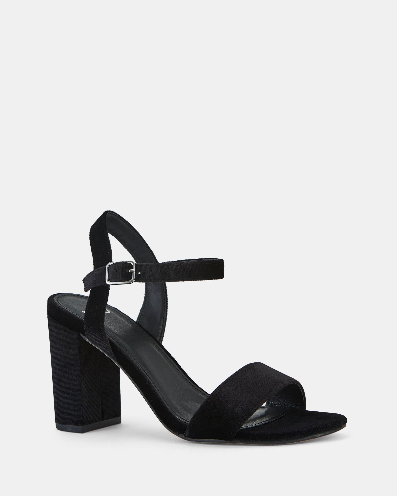 Wide Fit Mills Black Velvet Block Heel Two Part Sandal