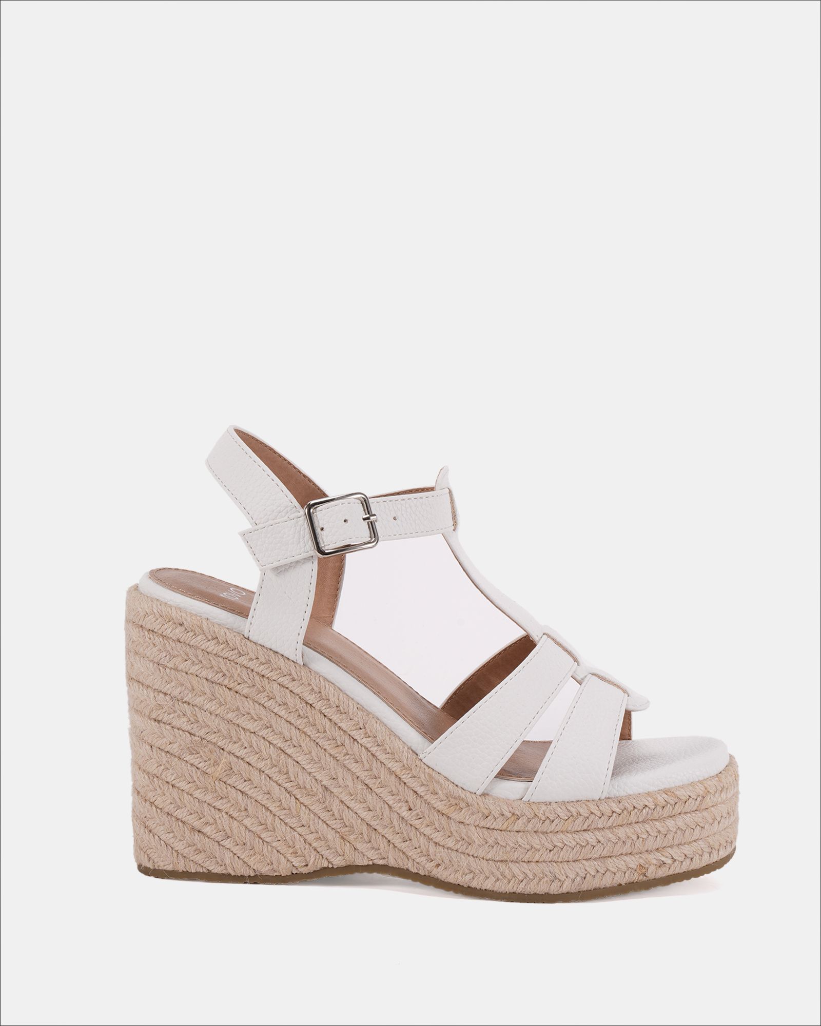 WIDE FIT BEATRIX White Tbar Wedge Espadrille Sandal