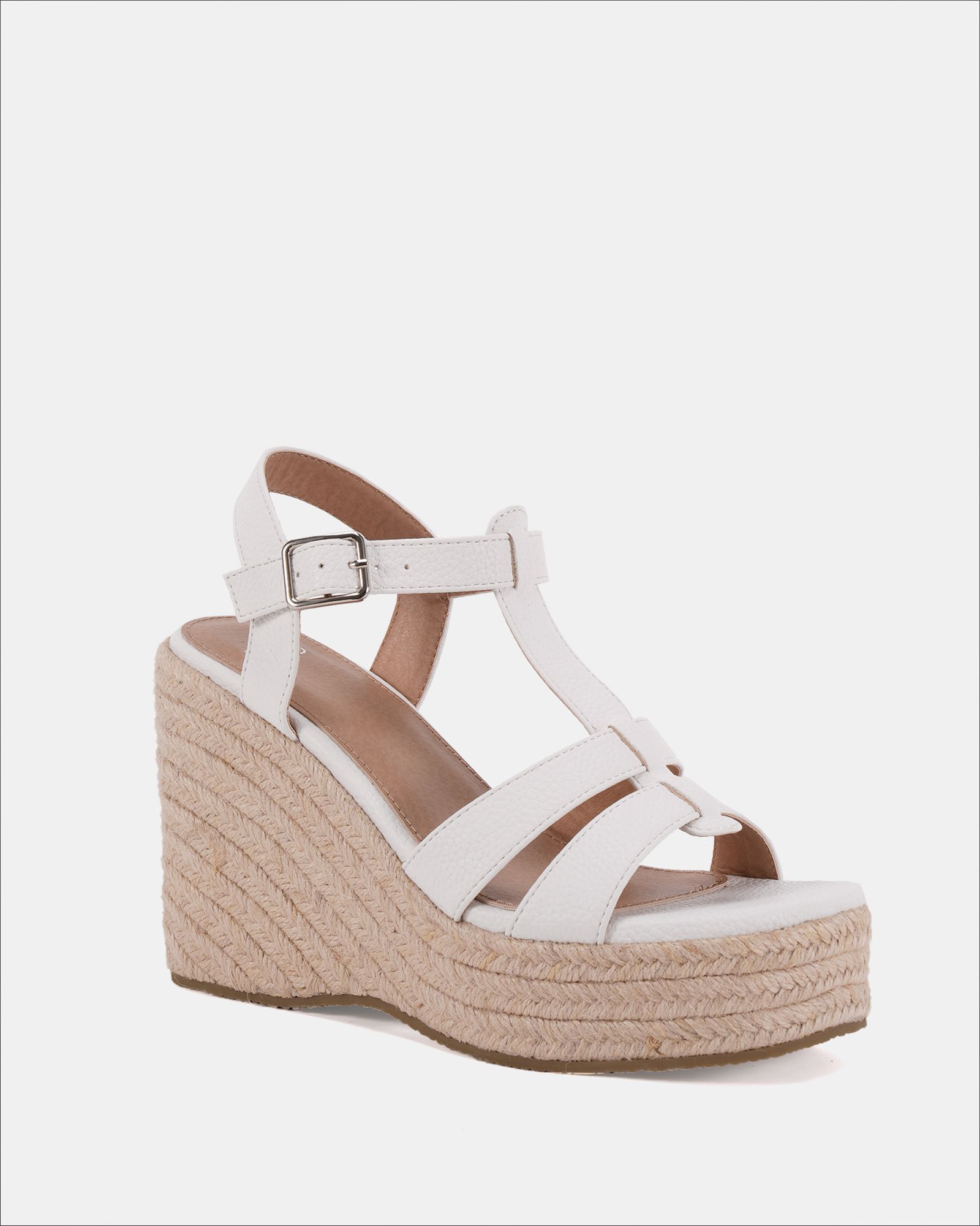 WIDE FIT BEATRIX White Tbar Wedge Espadrille Sandal