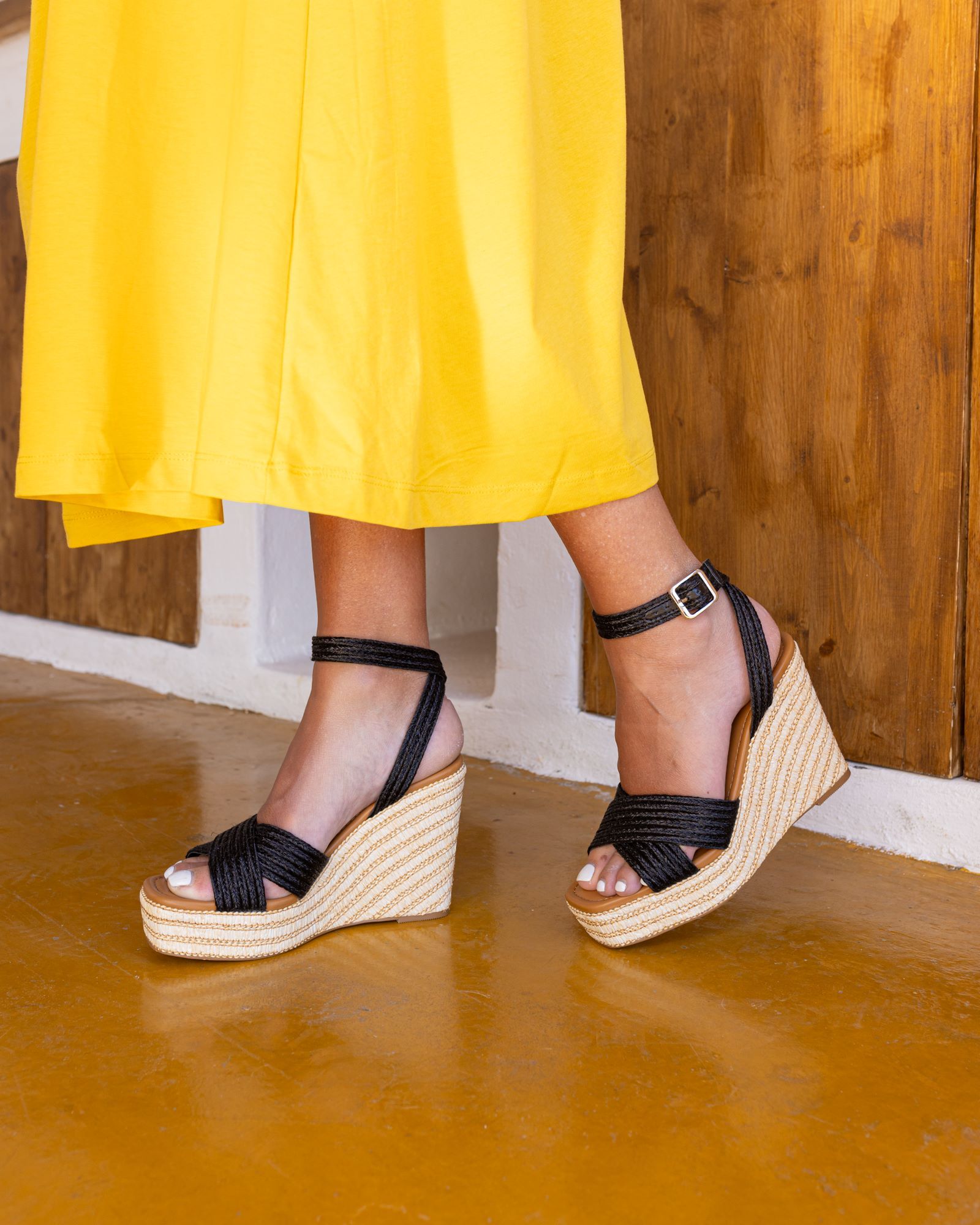 WIDE FIT BELLA Black Woven Detail Wedge Sandal