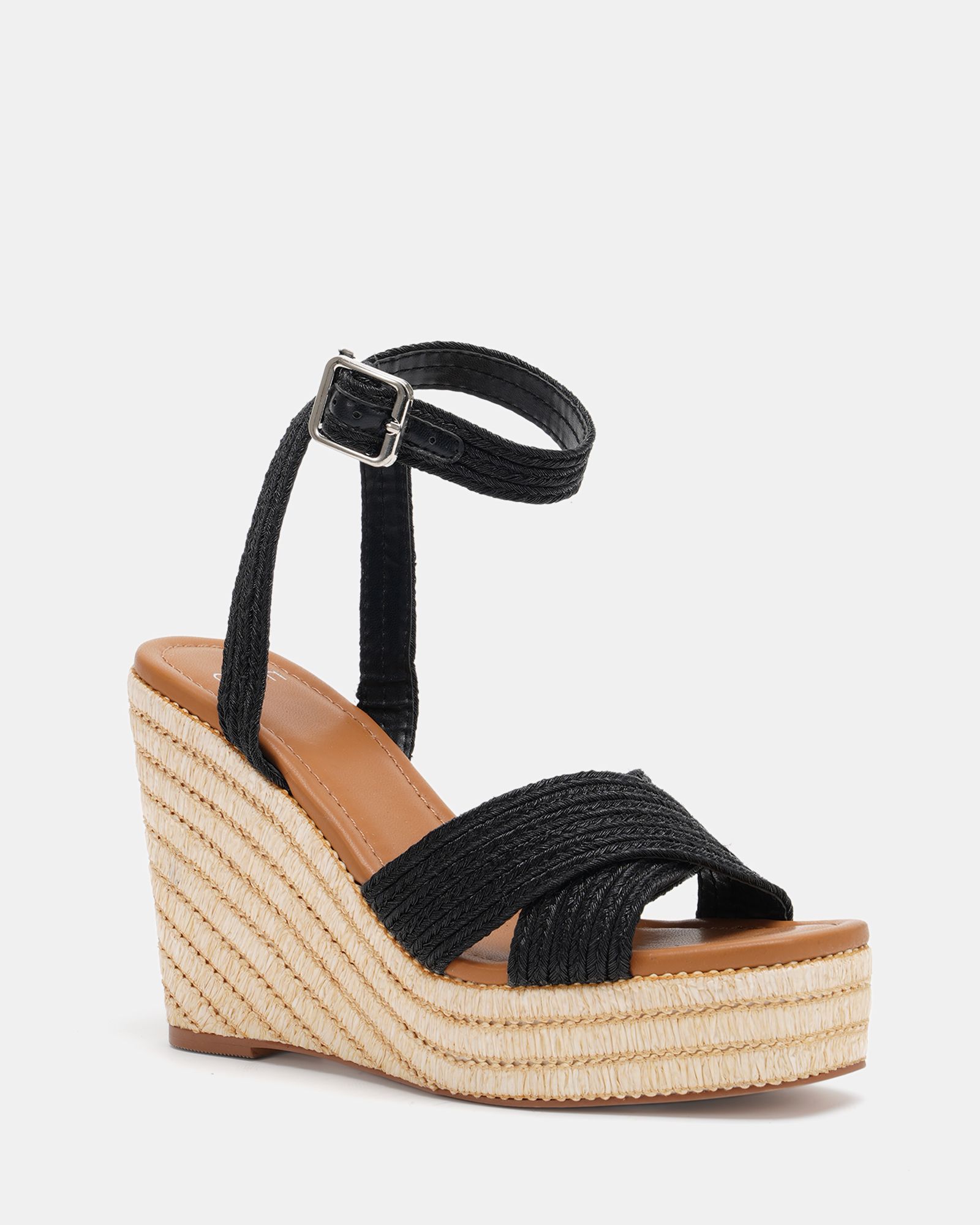 WIDE FIT BELLA Black Woven Detail Wedge Sandal