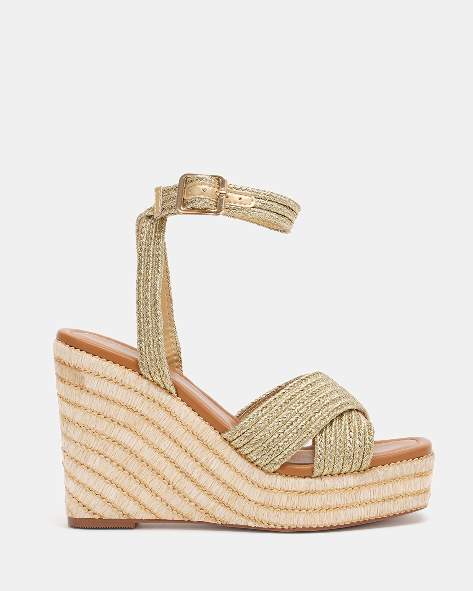 WIDE FIT BELLA Gold Woven Detail Wedge Sandal
