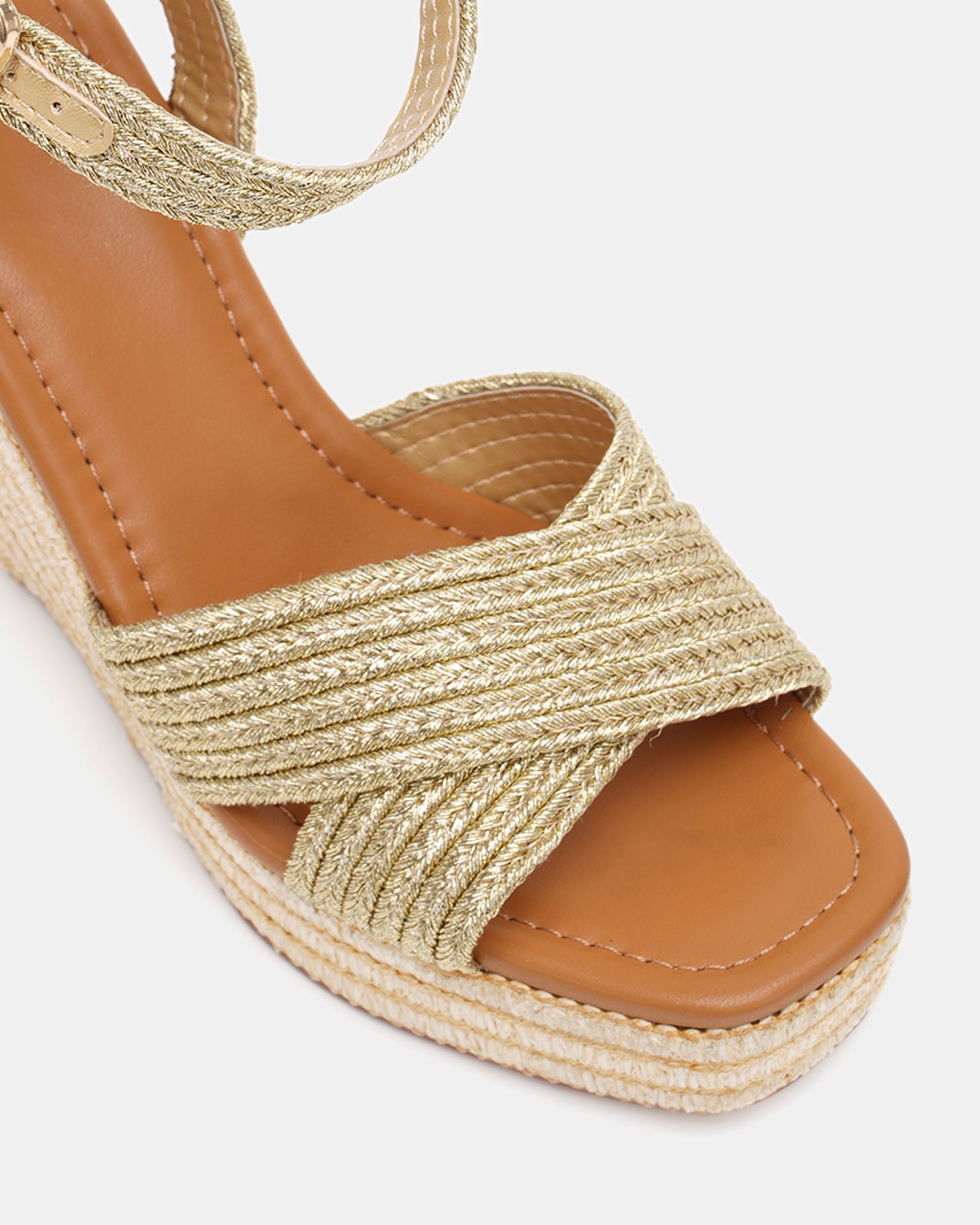 WIDE FIT BELLA Gold Woven Detail Wedge Sandal