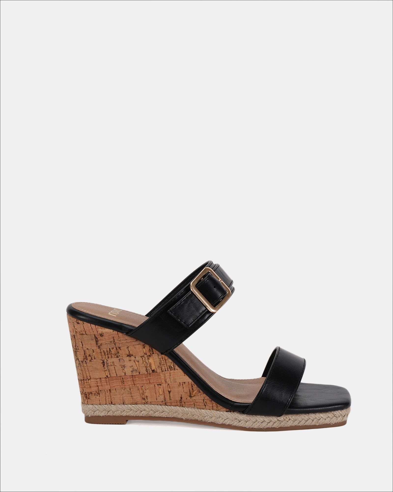 BIRCH Black Buckle Mule Wedge Sandal