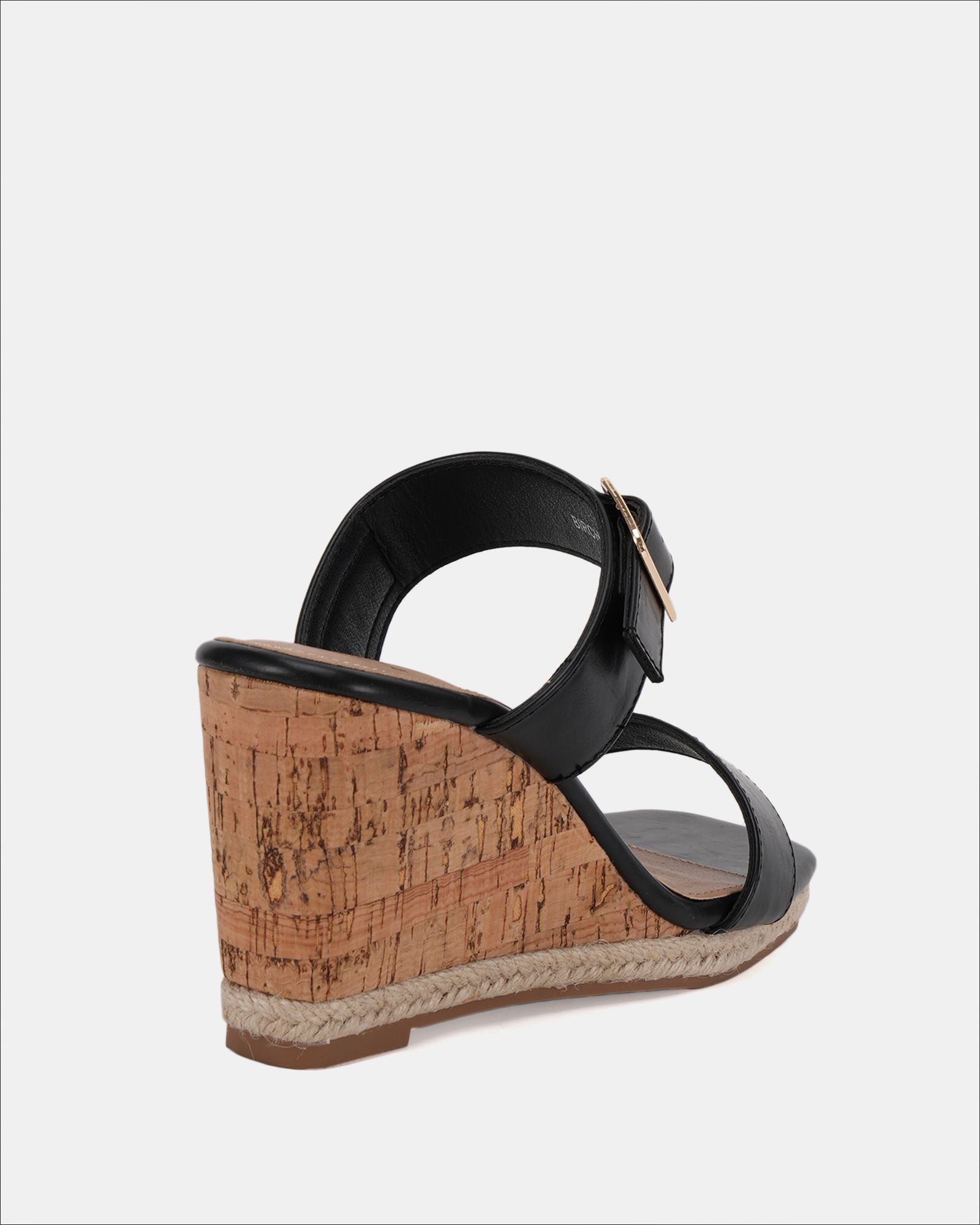WIDE FIT BIRCH Black Buckle Mule Wedge Sandal