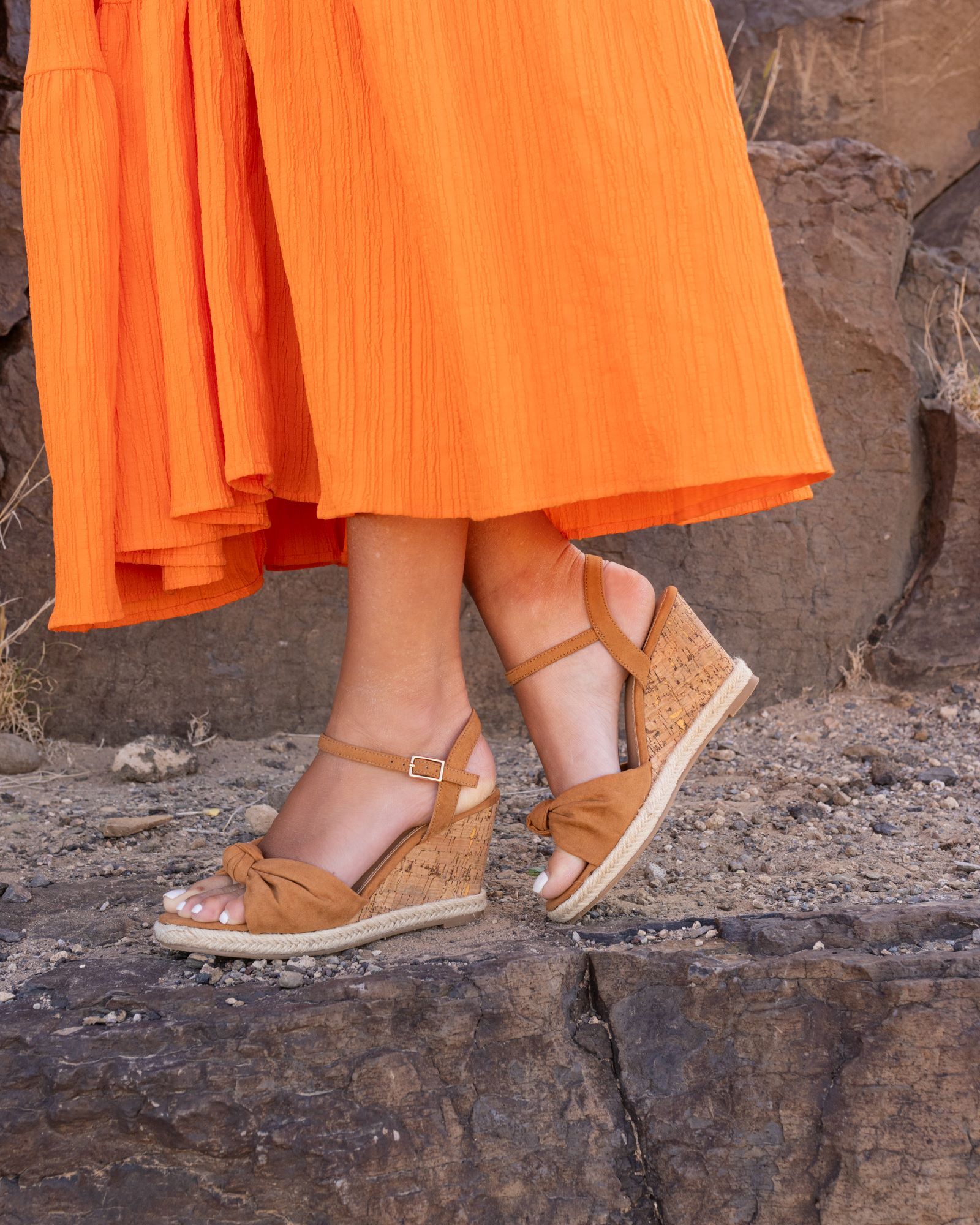 WIDE FIT BLOOM Tan Knot Cork Wedge Sandal