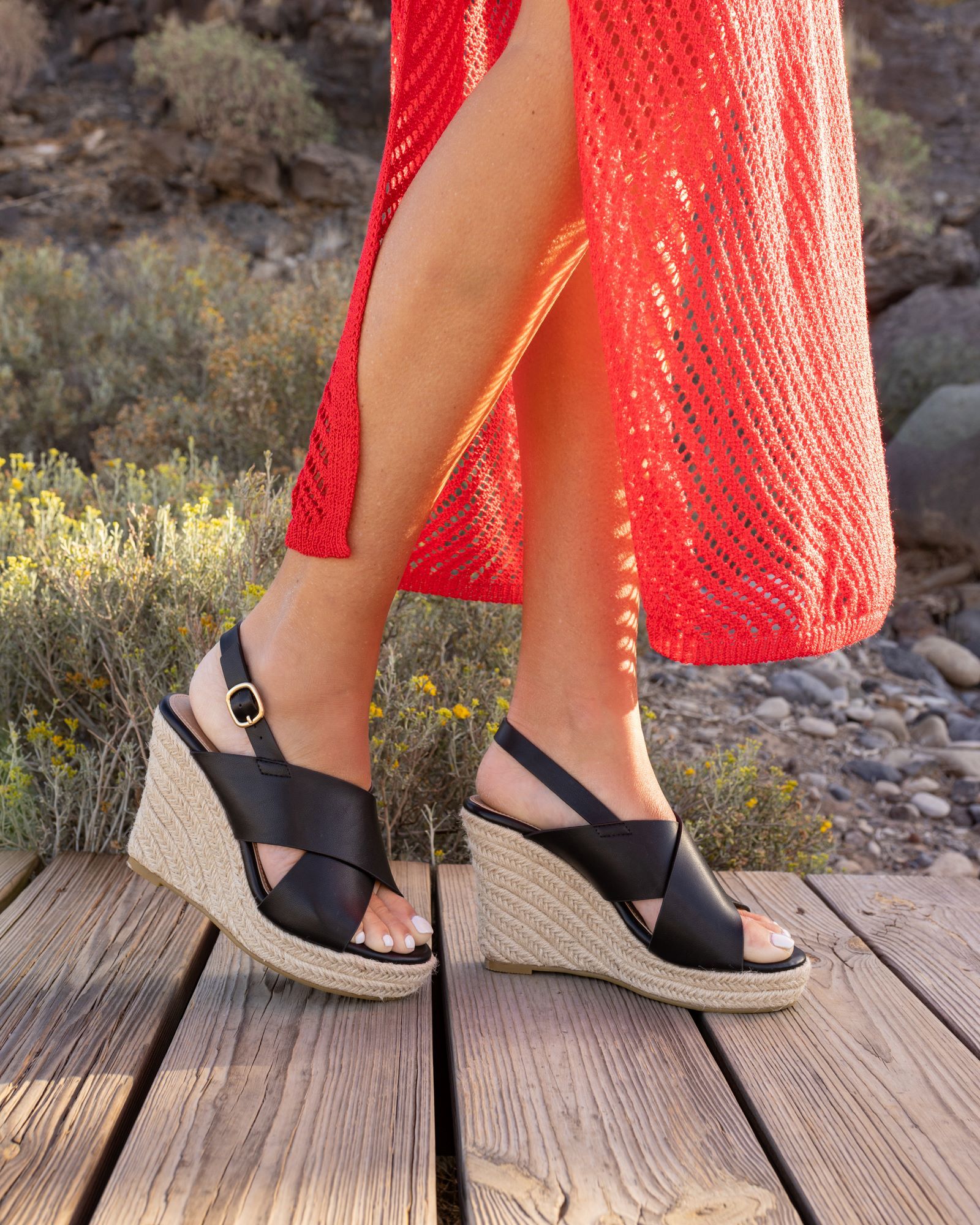 BLOSSOM Black Espadrille Cross Front Wedge Sandal