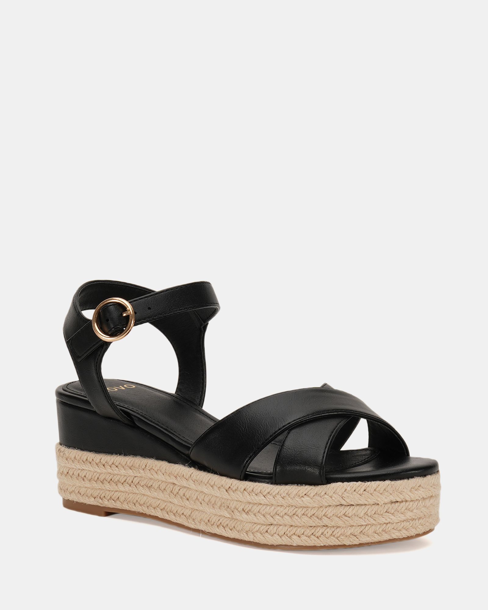 WIDE FIT BOWEN Black Mid Espadrille Wedge Sandal