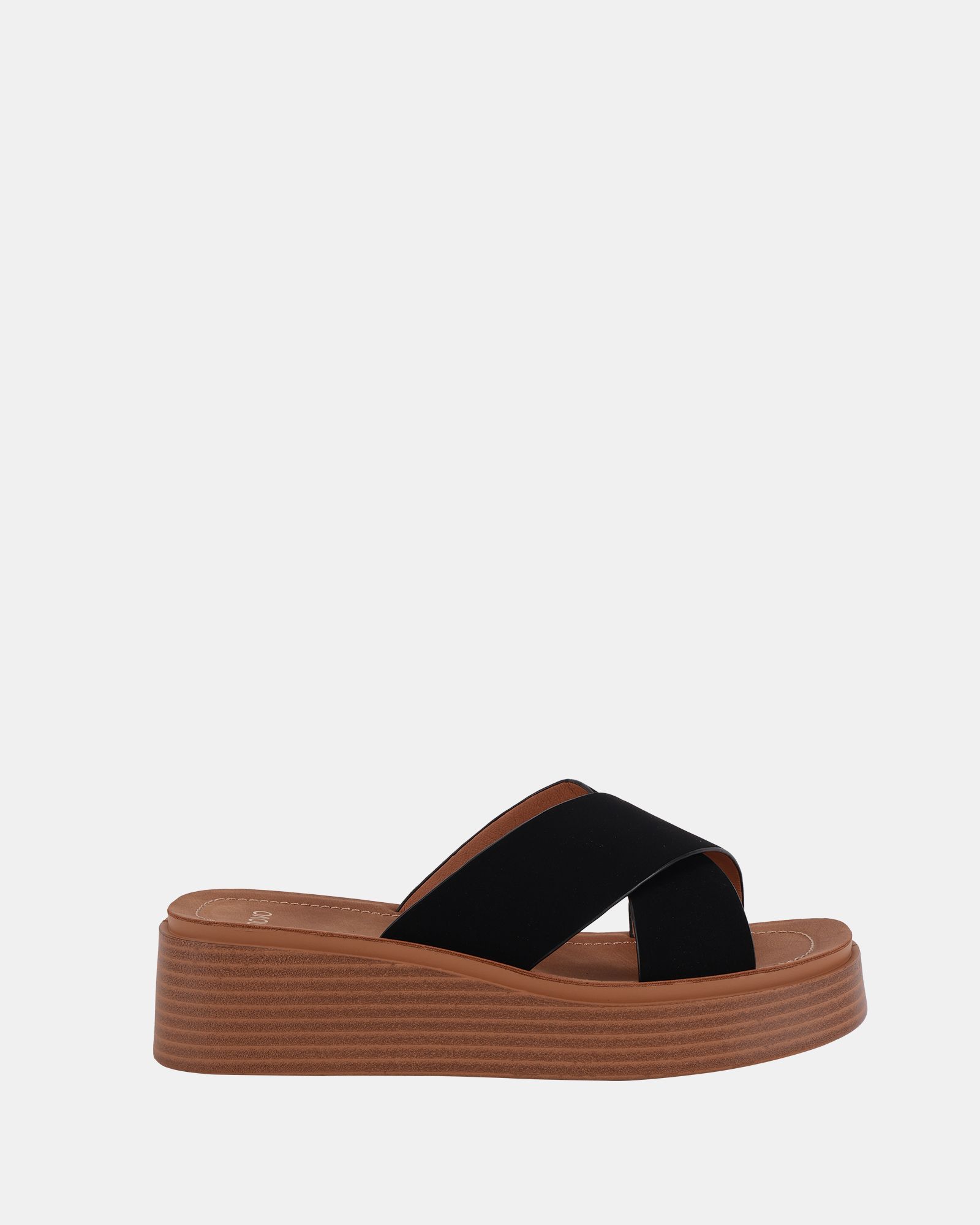 WIDE FIT BRUNO Black Cross Strap Flatform Mule Sandal