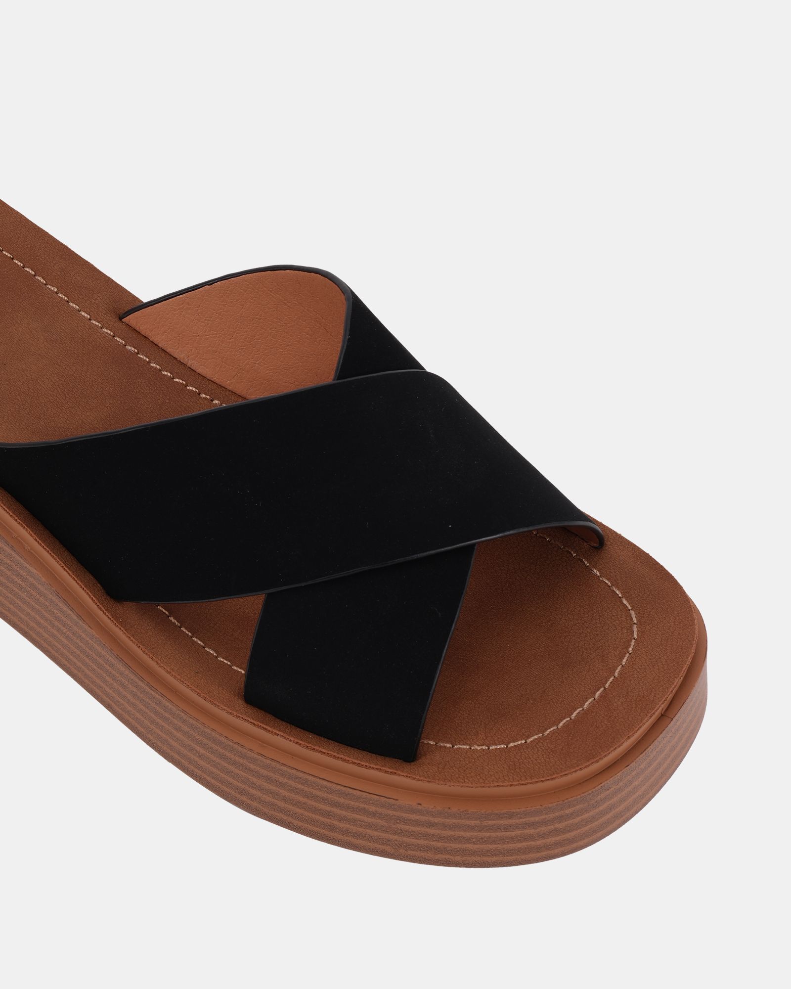 WIDE FIT BRUNO Black Cross Strap Flatform Mule Sandal