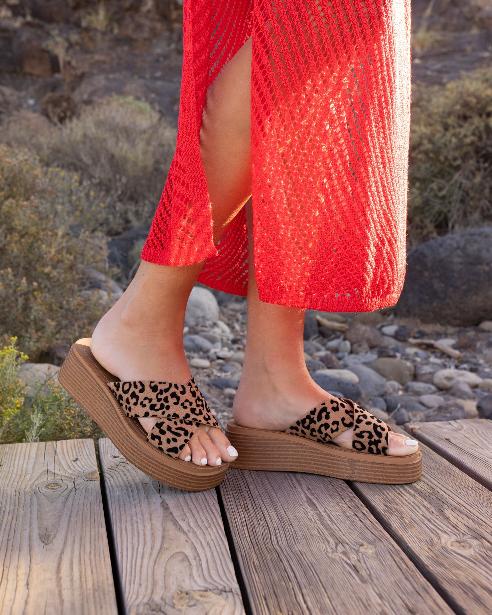 WIDE FIT BRUNO Leopard Cross Strap Flatform Mule Sandal