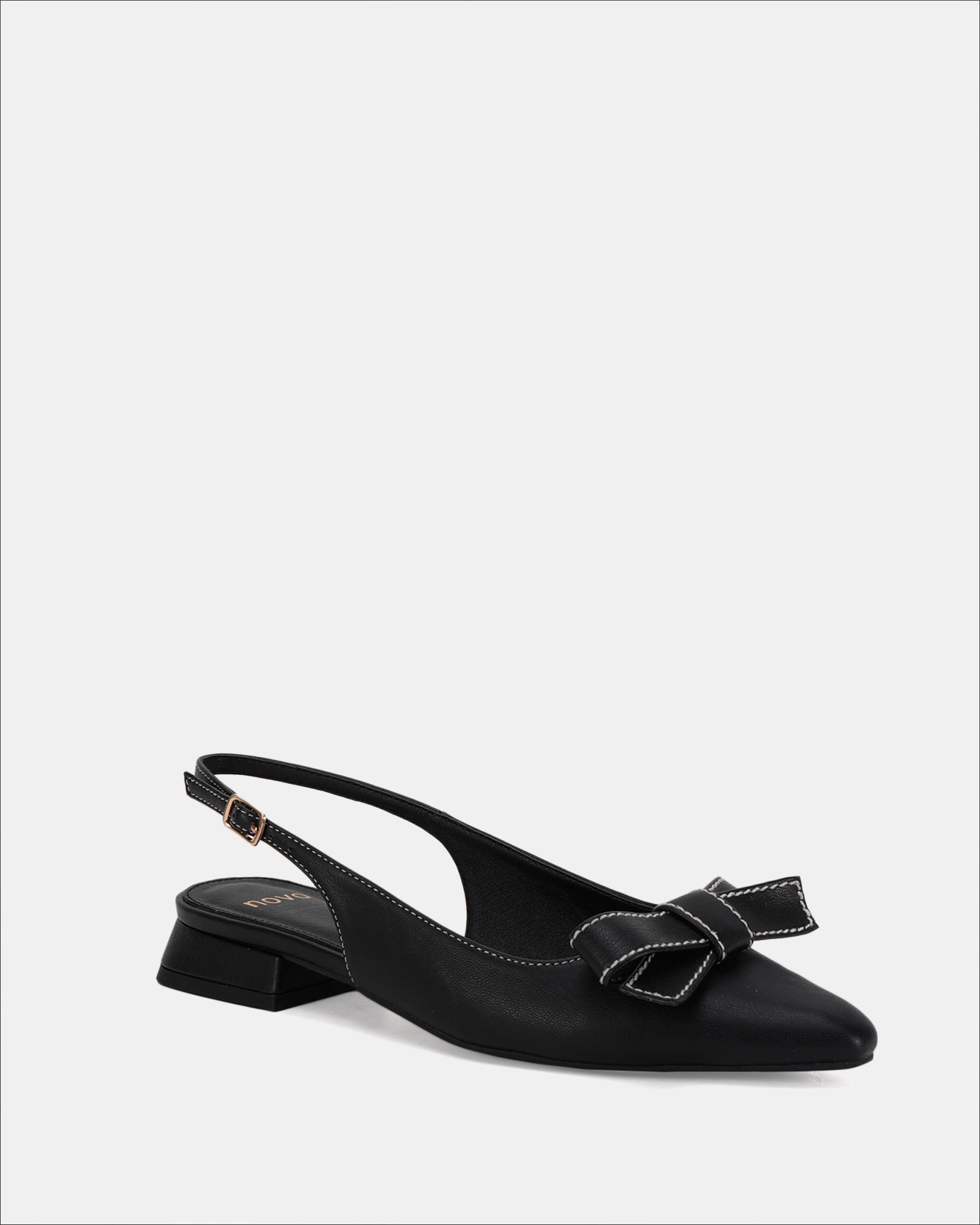 CARLINA Black Bow Detail Point Toe Loe Heel Slingback Shoe