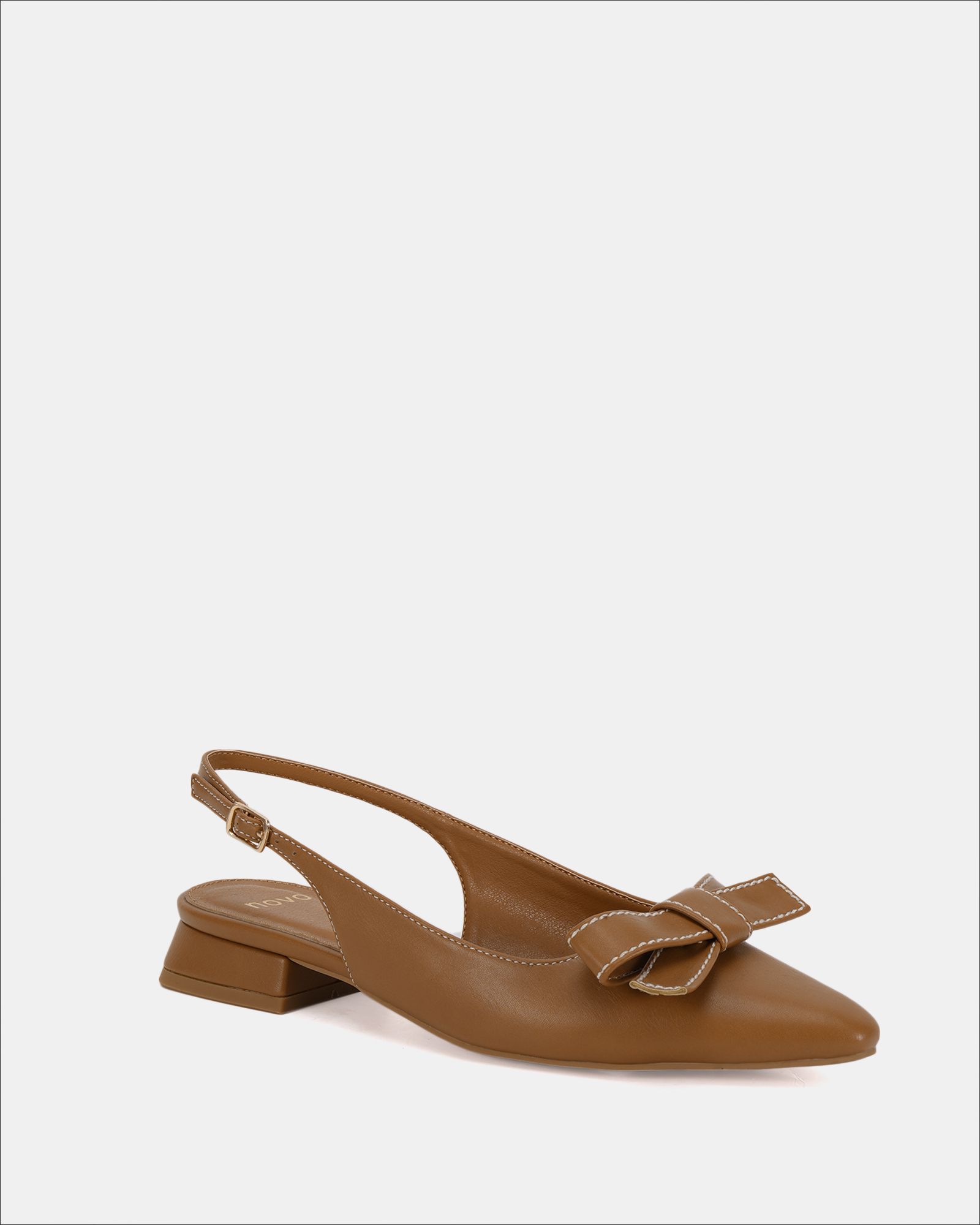 CARLINA Tan Bow Detail Point Toe Loe Heel Slingback Shoe