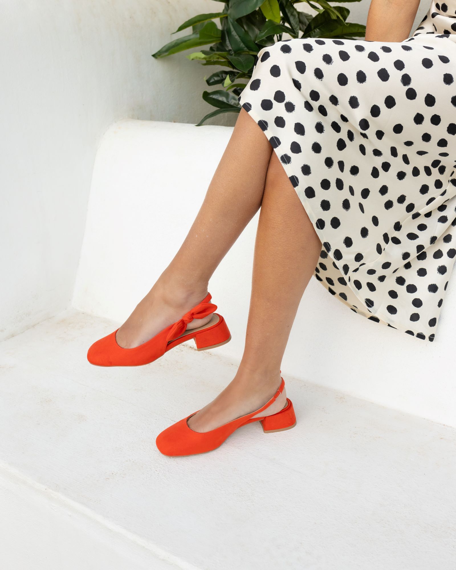 CLAUDIA Red Bow Low Block Slingback