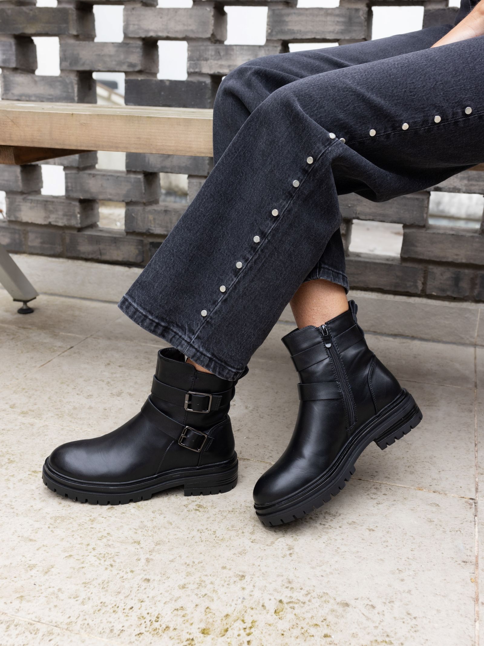 Dare Black Buckle Biker Boot