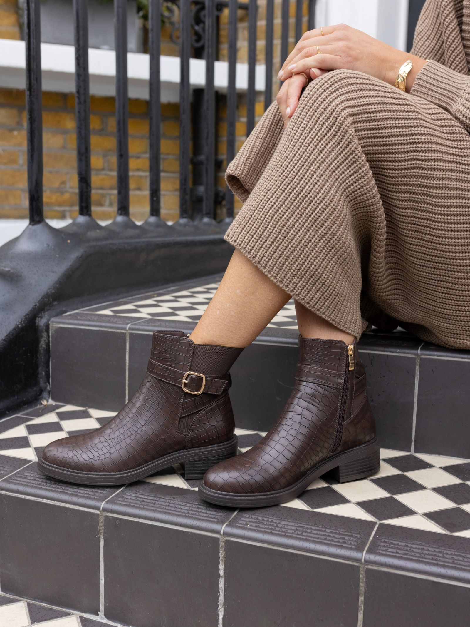 Wide Fit Darya Choc Croc Buckle Chelsea Boot