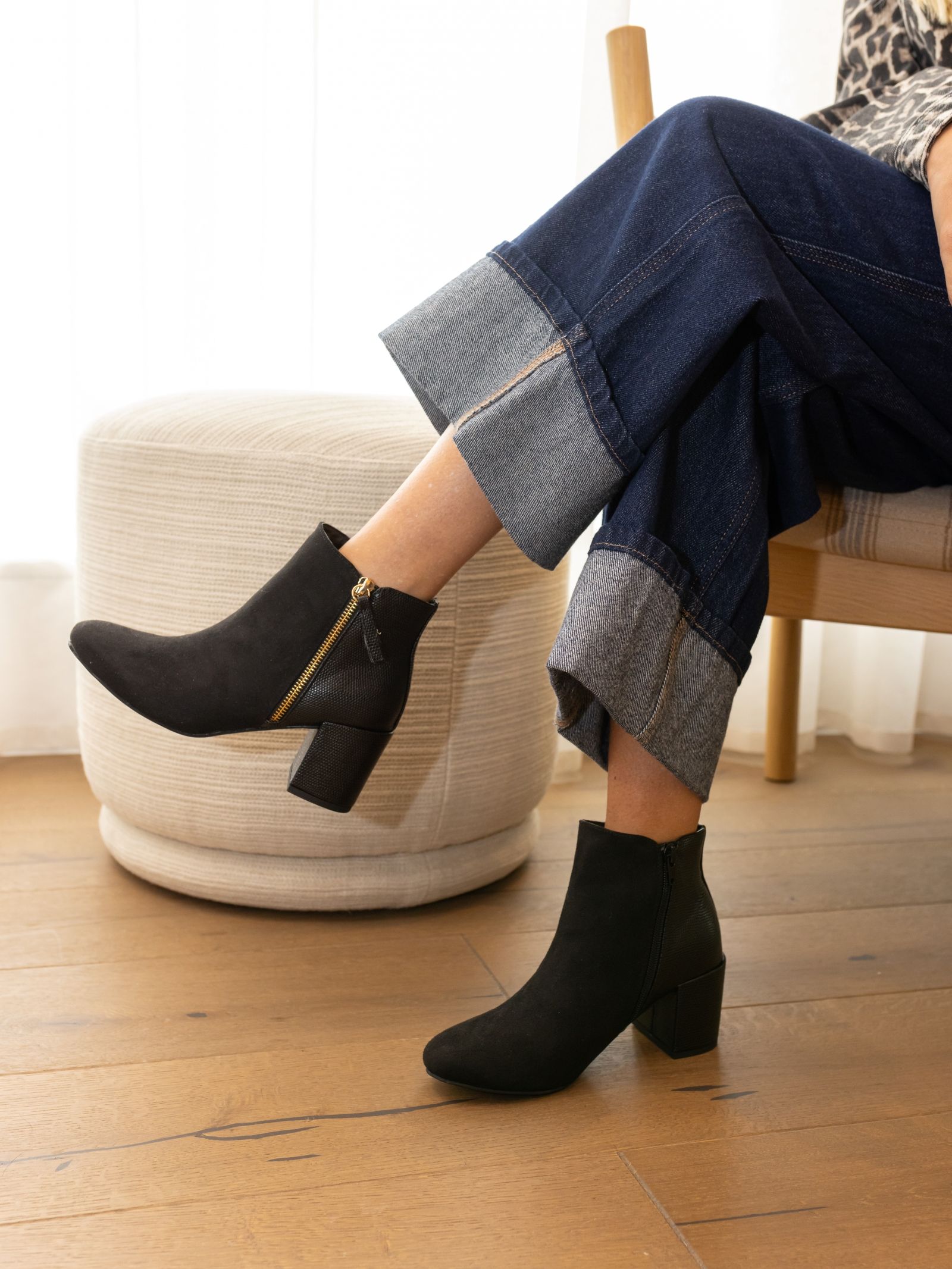 Davion Black Lizard Zip Block Heel Ankle Boot