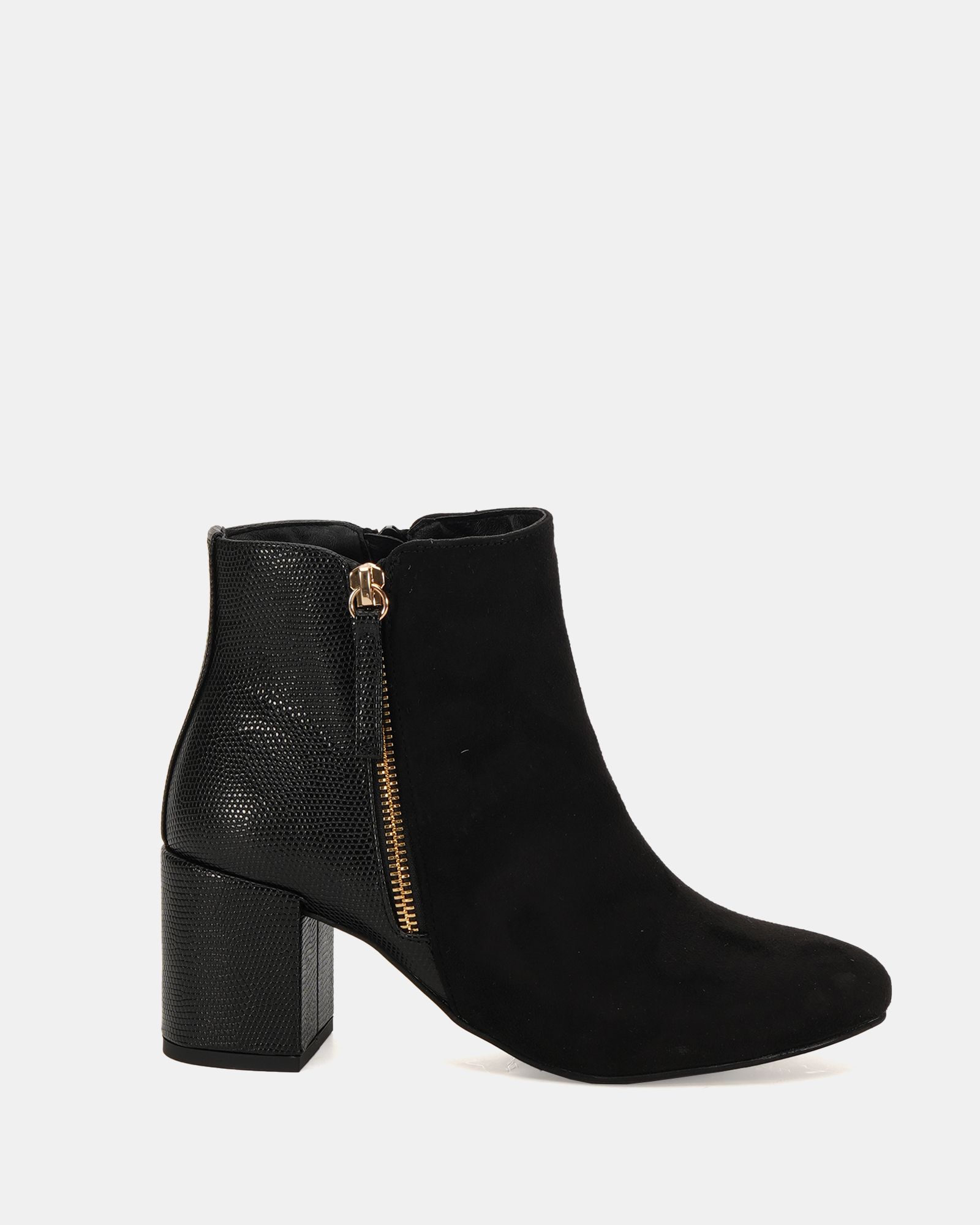 Davion Black Lizard Zip Block Heel Ankle Boot