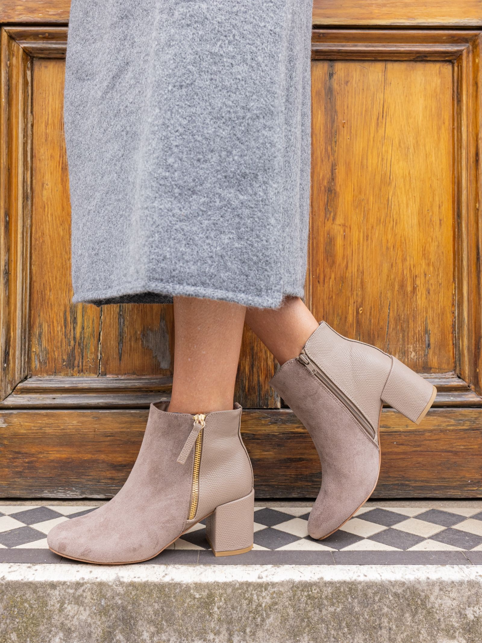 Davion Taupe Lizard Zip Block Heel Ankle Boot