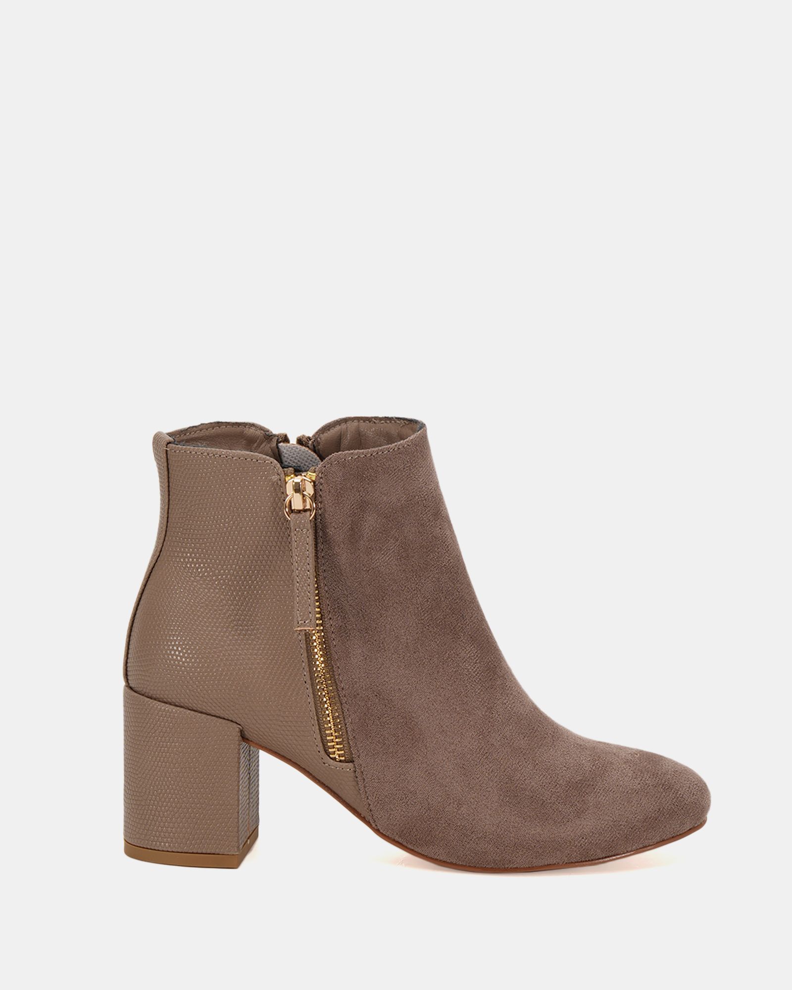Wide Fit Davion Taupe Lizard Zip Block Heel Ankle Boot