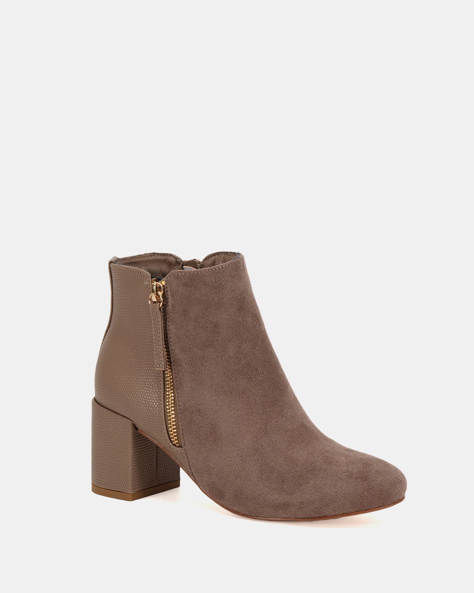 Davion Taupe Lizard Zip Block Heel Ankle Boot