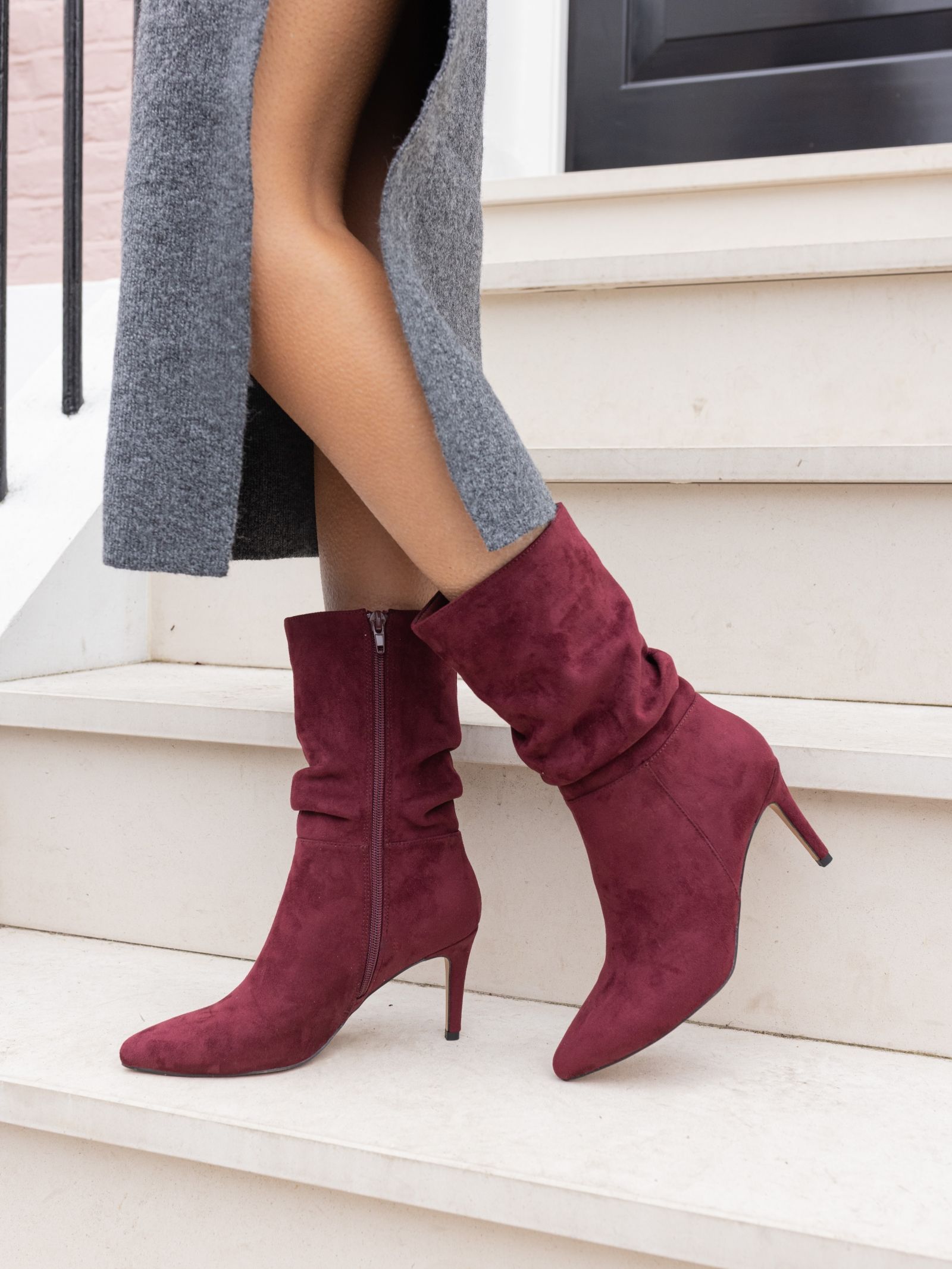 Dekota Burgundy Ruched Point Mid Calf Boot