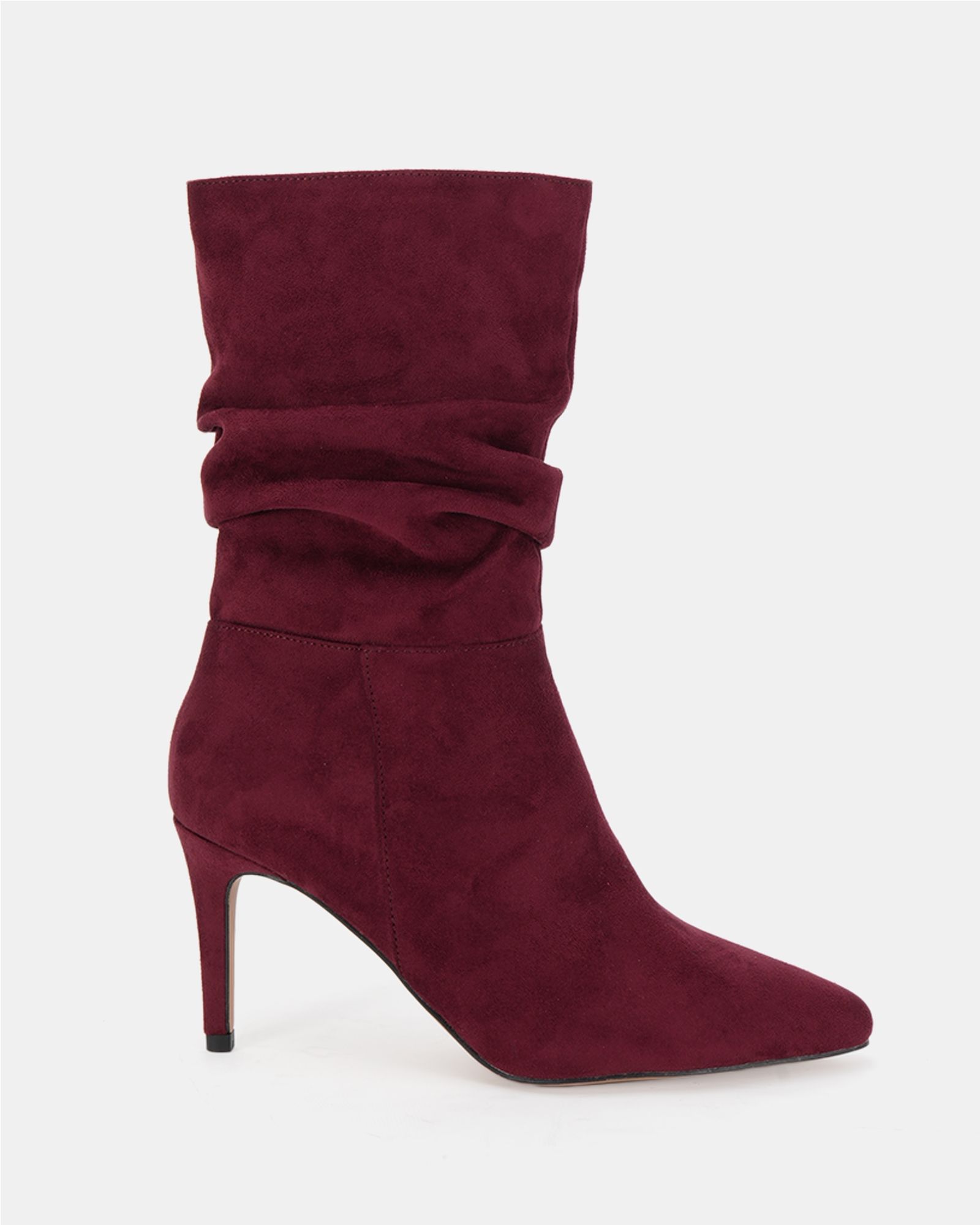 Dekota Burgundy Ruched Point Mid Calf Boot